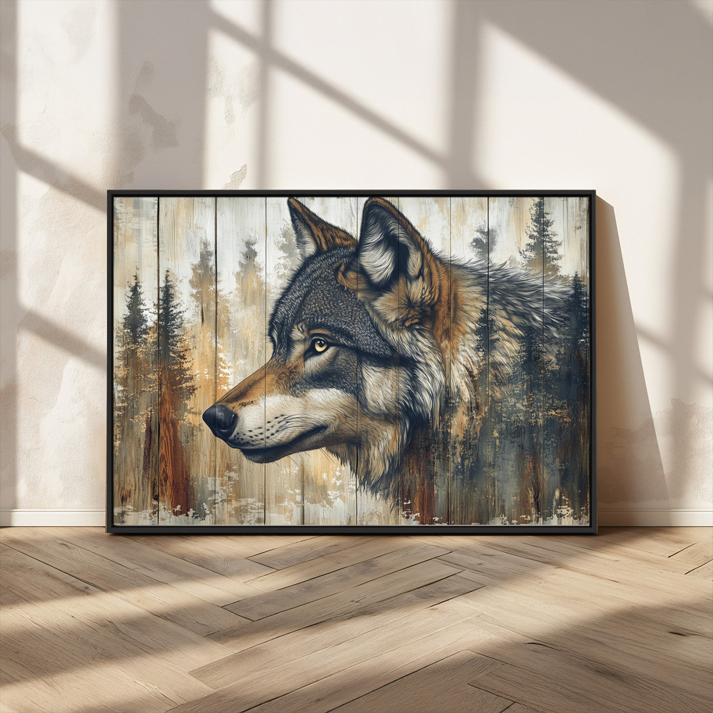 91882-MGV-CV-36X24-Wolf Wall Art – Rustic Canvas Print of Forest Wolf on Wood Background, Wildlife Lodge Artwork for Living Room, Bedroom, Cabin, or