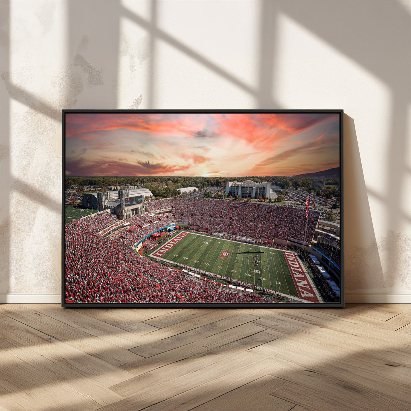 51135-MGV-CV-36X24-Indiana Hoosiers Stadium Wall Art – Panoramic Football Canvas Print with Game Day Crowd and Sunset Sky, Sports Artwork for Man