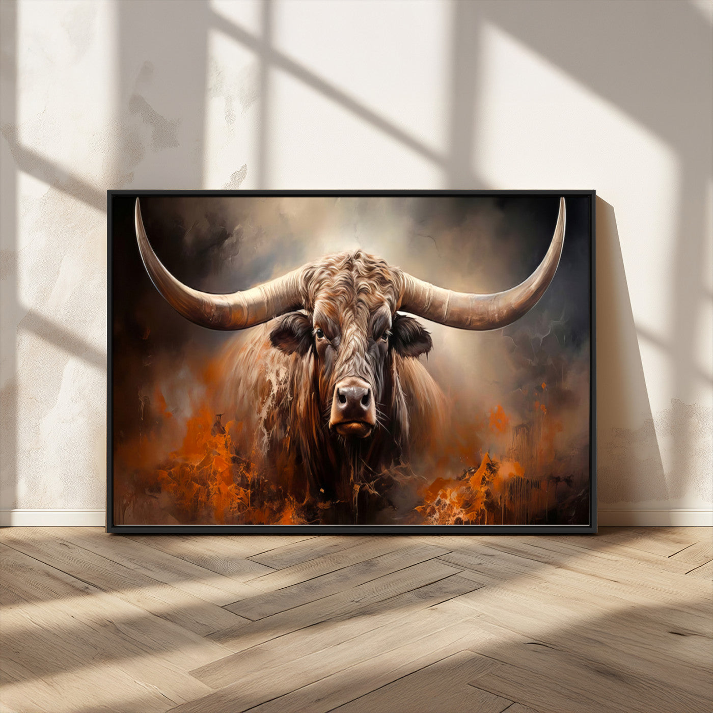 240479-MGV-CV-36X24-Longhorn Bull Wall Art – Dramatic Western Canvas Print Featuring Horned Bull with Fiery Background, Rustic Farmhouse Artwork for
