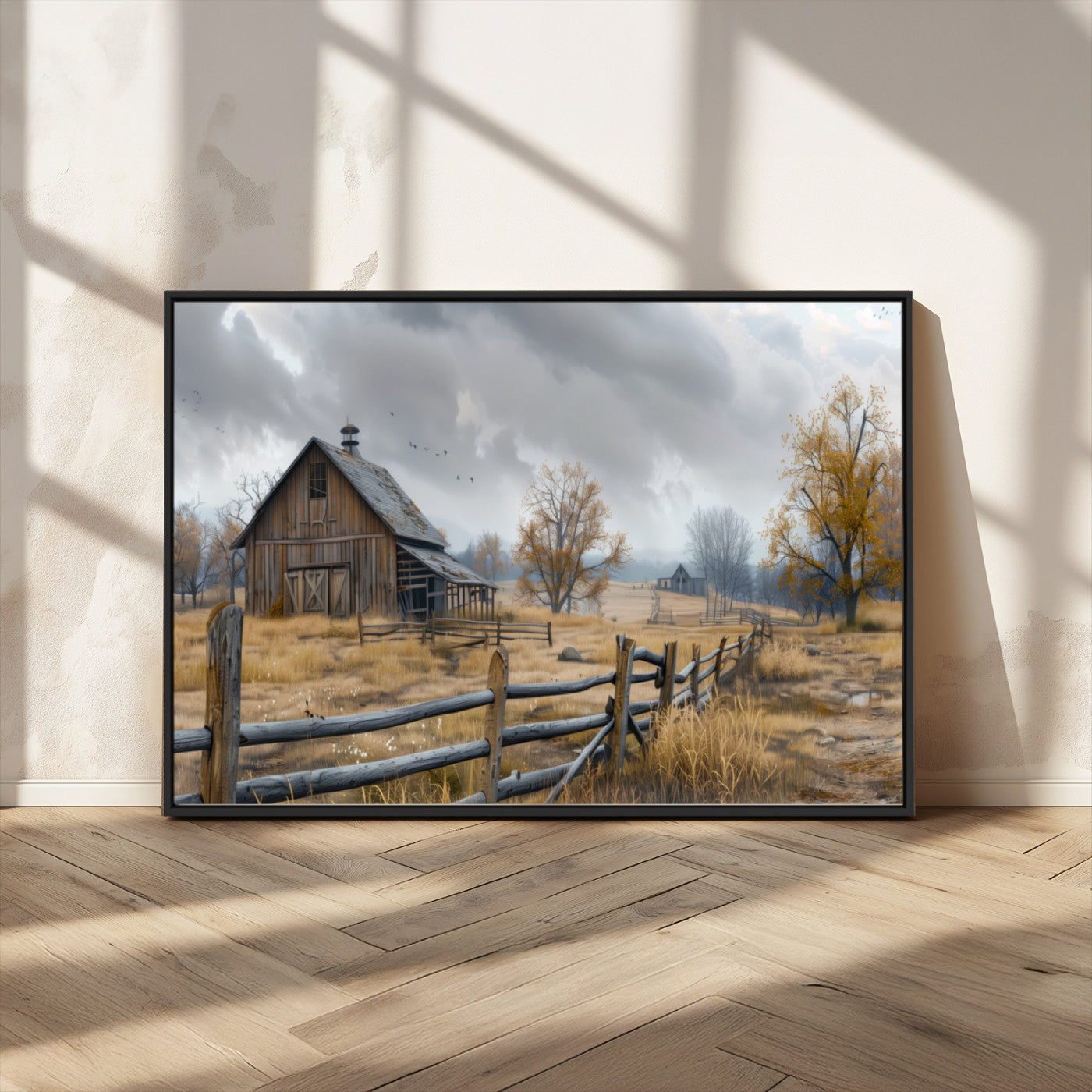 Farm1-MGV-CV-36X24-Rustic Autumn Farmhouse Wall Art – Serene Countryside Scene Canvas Print, Weathered Barn and Autumn Trees Decor for Living Room,