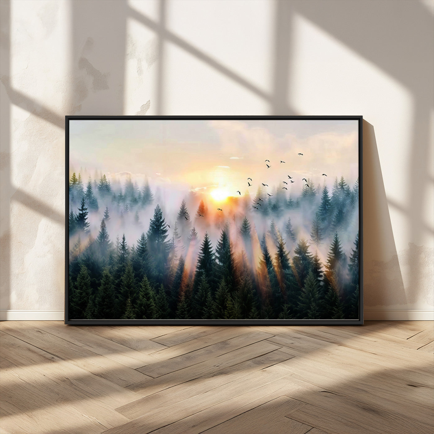 56391411-MGV-CV-36X24-Misty Forest Wall Art Canvas Print, Framed Sunrise Pines Art Picture Print, Moody Pines Perfect Serene Woodland Decor Artwork