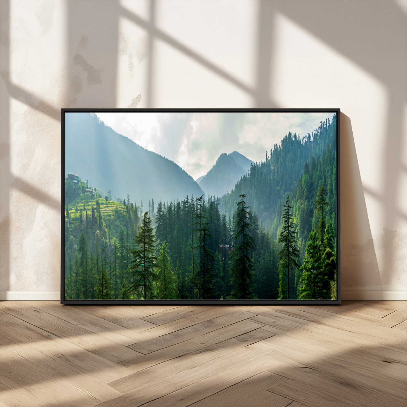 83417191-MGV-FC-36X24_Black-Misty Mountain Forest Wall Art – Pine Tree Landscape Canvas Print, Nature Photography Panorama, Tranquil Green Forest Décor for