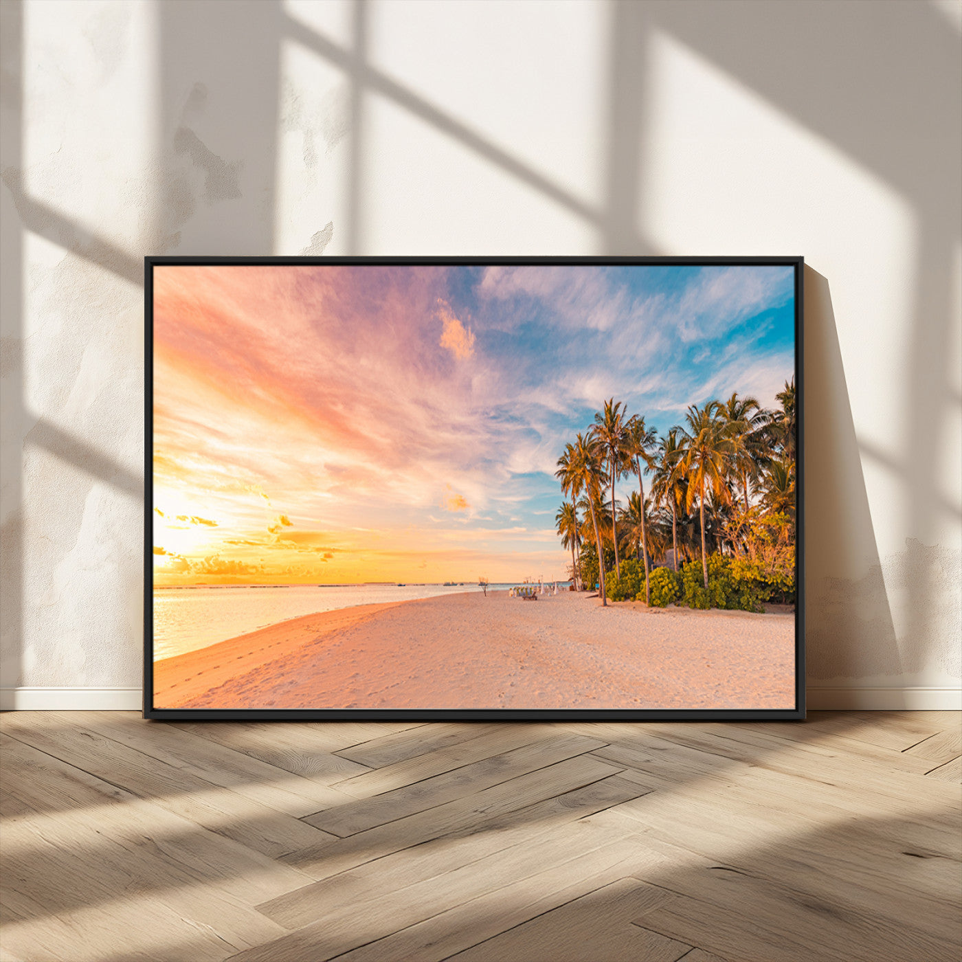 41542880-MGV-CV-36X24-Tropical Beach Wall Art Canvas Print, Framed Palm Trees Art Picture Print, Sunset Shore Perfect Tropical Coastal Decor Artwork