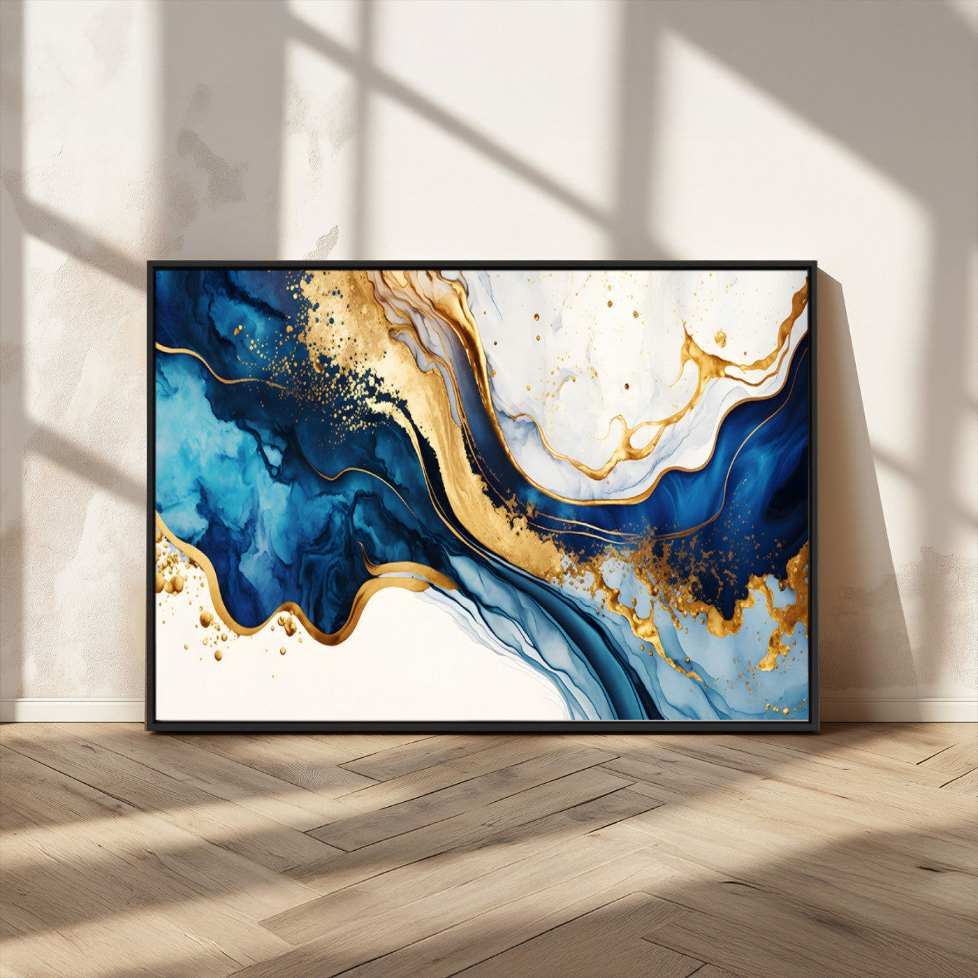 60283636-MGV-CV-36X24-Blue Gold Flow Wall Art Canvas Print, Framed Marble Texture Art Picture Print, Elegant Splash Perfect Elegant Abstract Decor