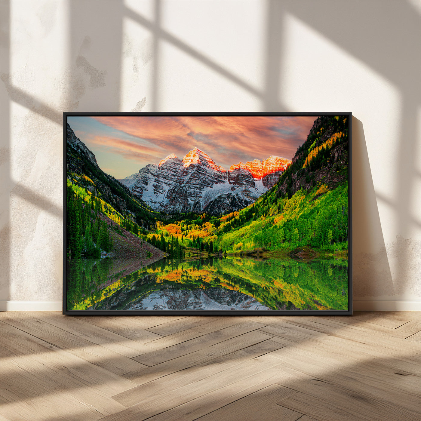 59533484-MGV-CV-36X24-Maroon Bells Autumn Wall Art – Panoramic Mountain Landscape Canvas Print, Sunset Reflection Nature Artwork for Living Room, Office