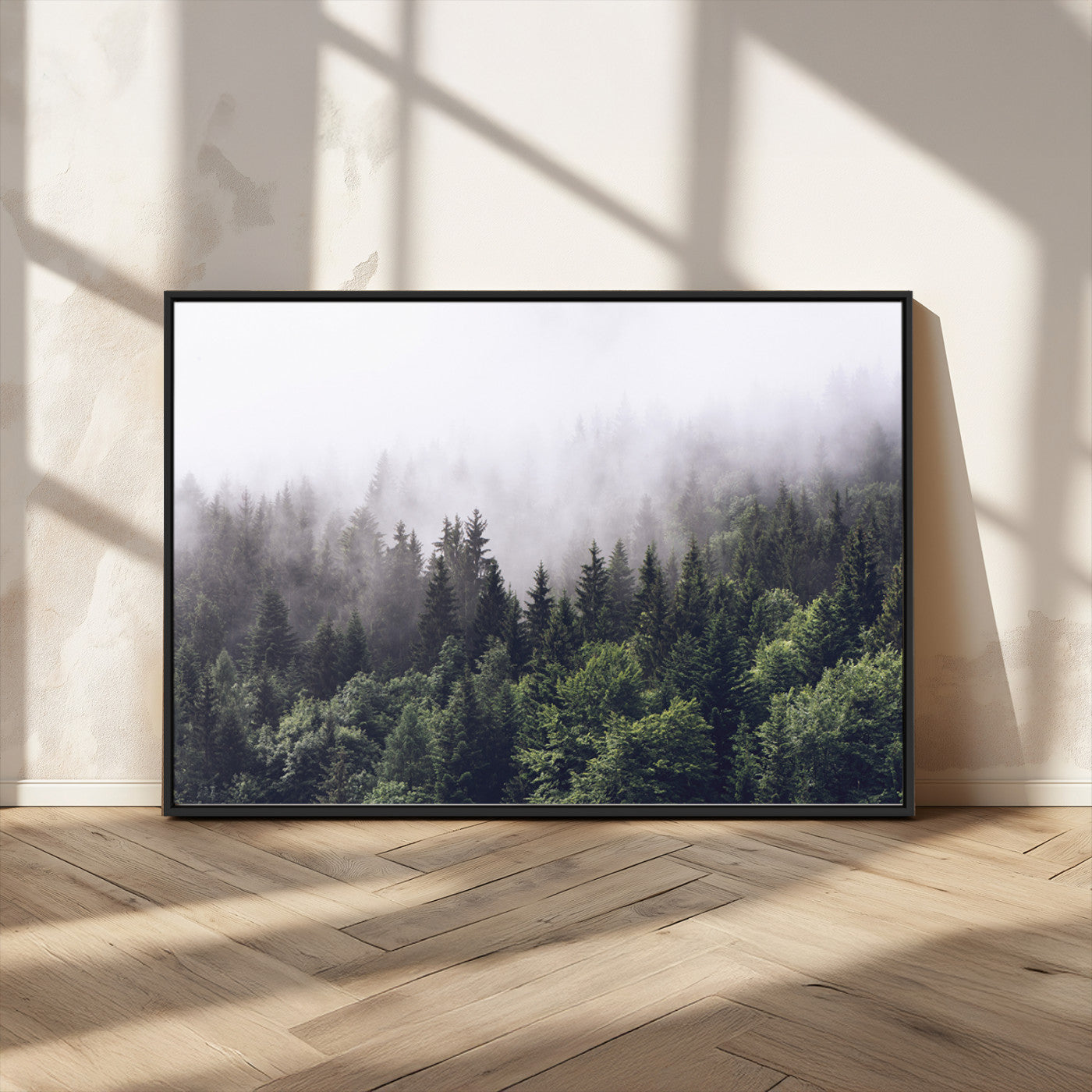 62890402-MGV-CV-36X24-Misty Forest Wall Art Canvas Print, Framed Foggy Pines Art Picture Print, Pine Valley Perfect Moody Woodland Decor Artwork