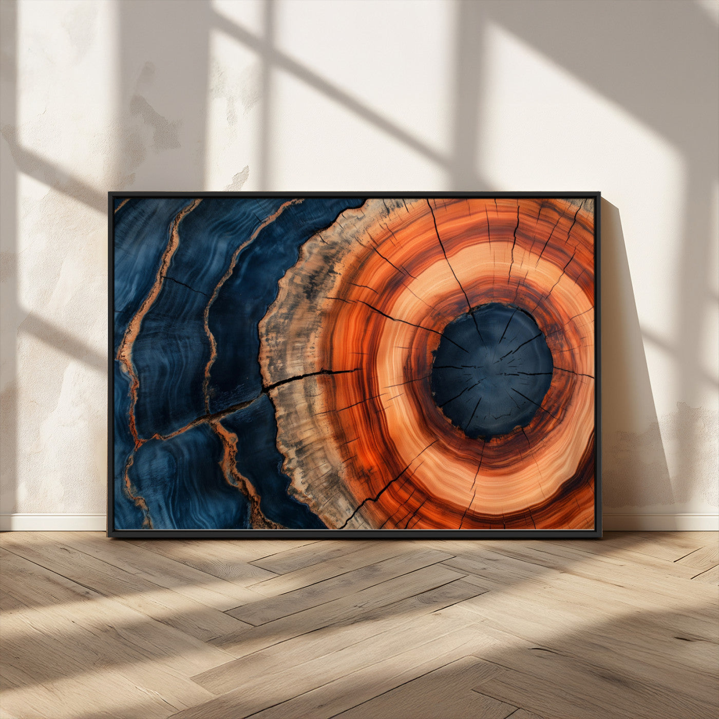 41123192-MGV-CV-36X24-Tree Ring Canvas Wall Art – Abstract Blue Orange Wood Grain Print, Rustic Modern Nature Artwork for Living Room, Bedroom, Office