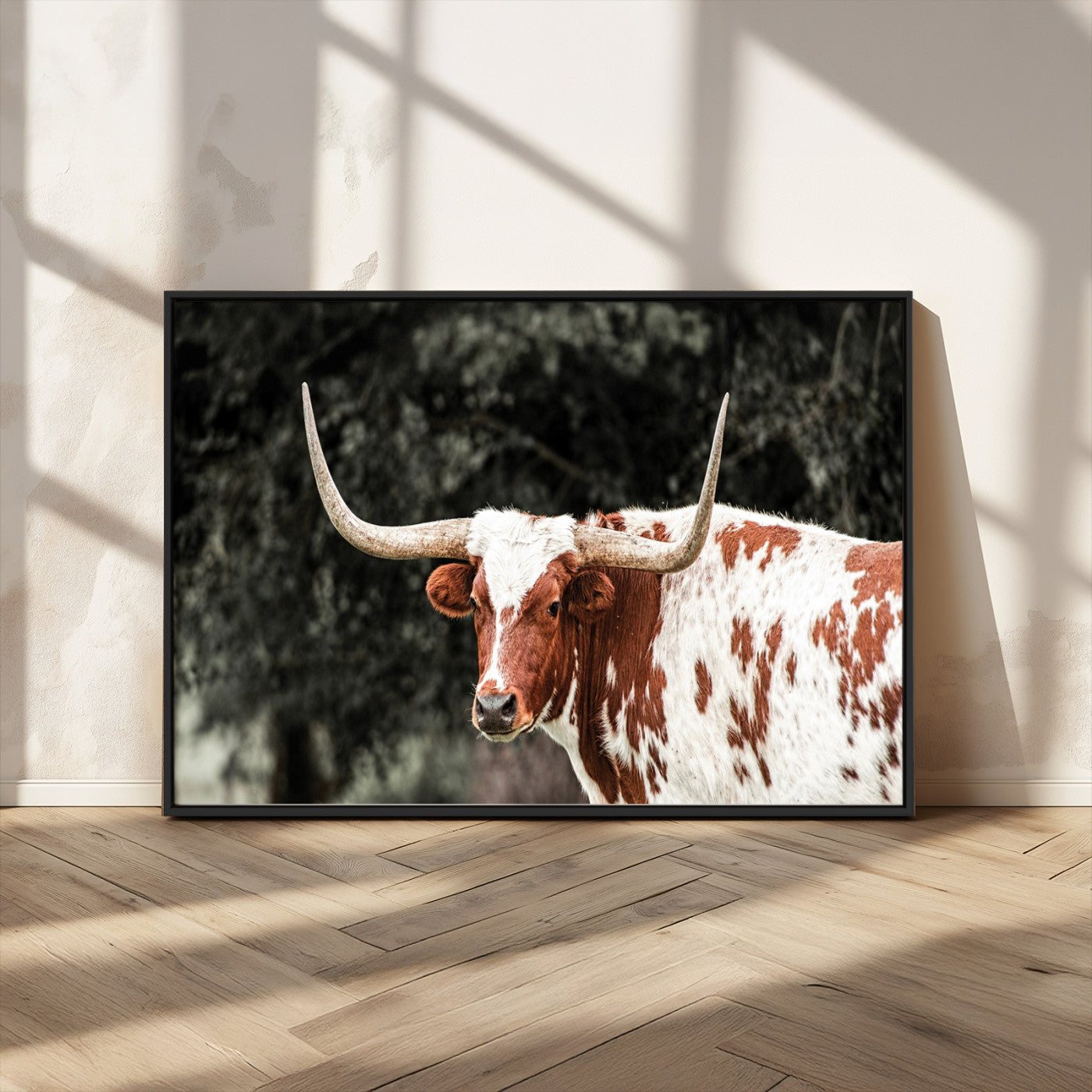 54027638-MGV-CV-36X24-Texas Longhorn Wall Art Canvas Print, Framed Spotted Cow Art Picture Print, Horned Bull Perfect Rustic Western Decor Artwork