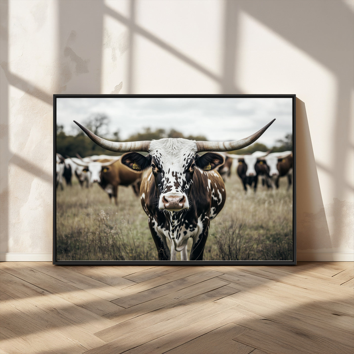 79025945-MGV-CV-36X24-Texas Longhorn Wall Art Canvas Print, Framed Speckled Cow Art Picture Print, Horned Cattle Perfect Rustic Western Decor Artwork