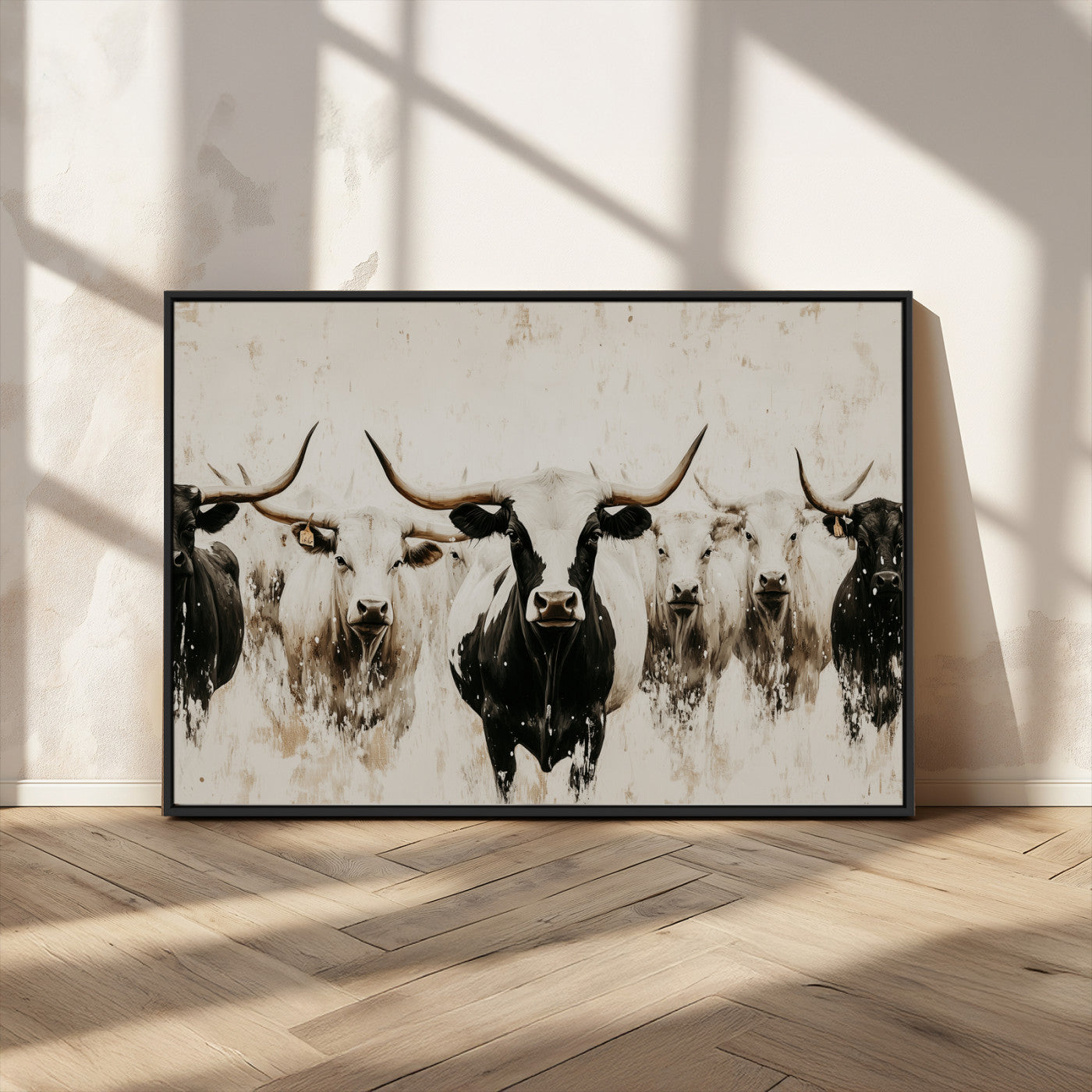 12027562-MGV-CV-36X24-Longhorn Cattle Wall Art Canvas Print, Framed Bison Herd Art Picture Print, Cattle Group Perfect Rustic Farmhouse Decor Artwork