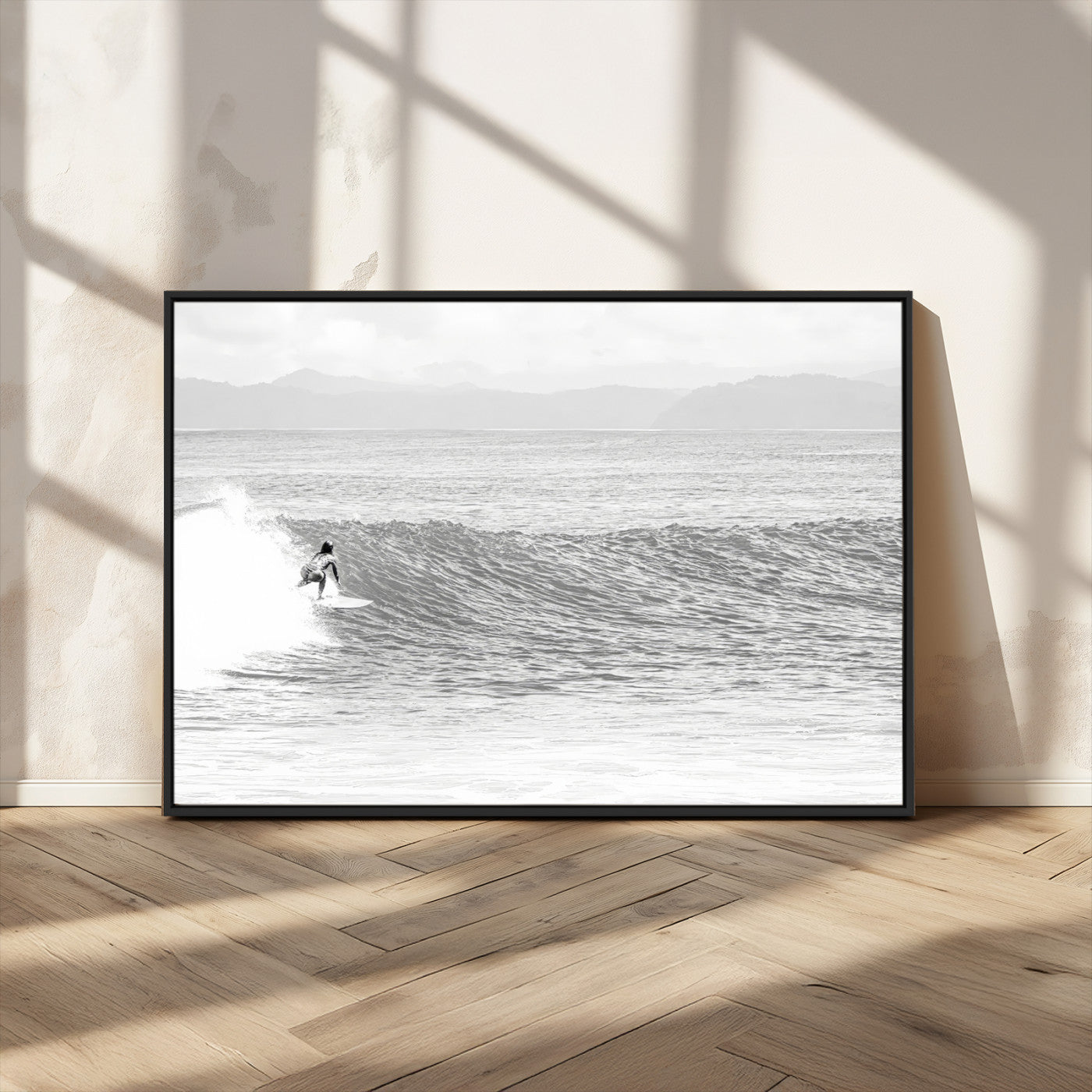 81535128-MGV-CV-36X24-Surfer Woman Wall Art Canvas Print, Framed Black Ocean Art Picture Print, Ocean Surfing Perfect Monochrome Coastal Decor Artwork