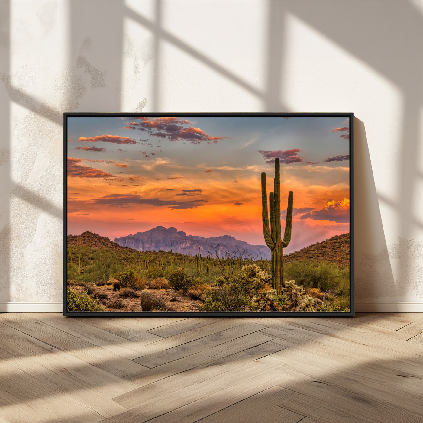 25332783-MGV-CV-36X24-Saguaro Cactus Wall Art Canvas Print, Framed Arizona Sunset Art Picture Print, Sonoran Desert Perfect Southwestern Boho Decor