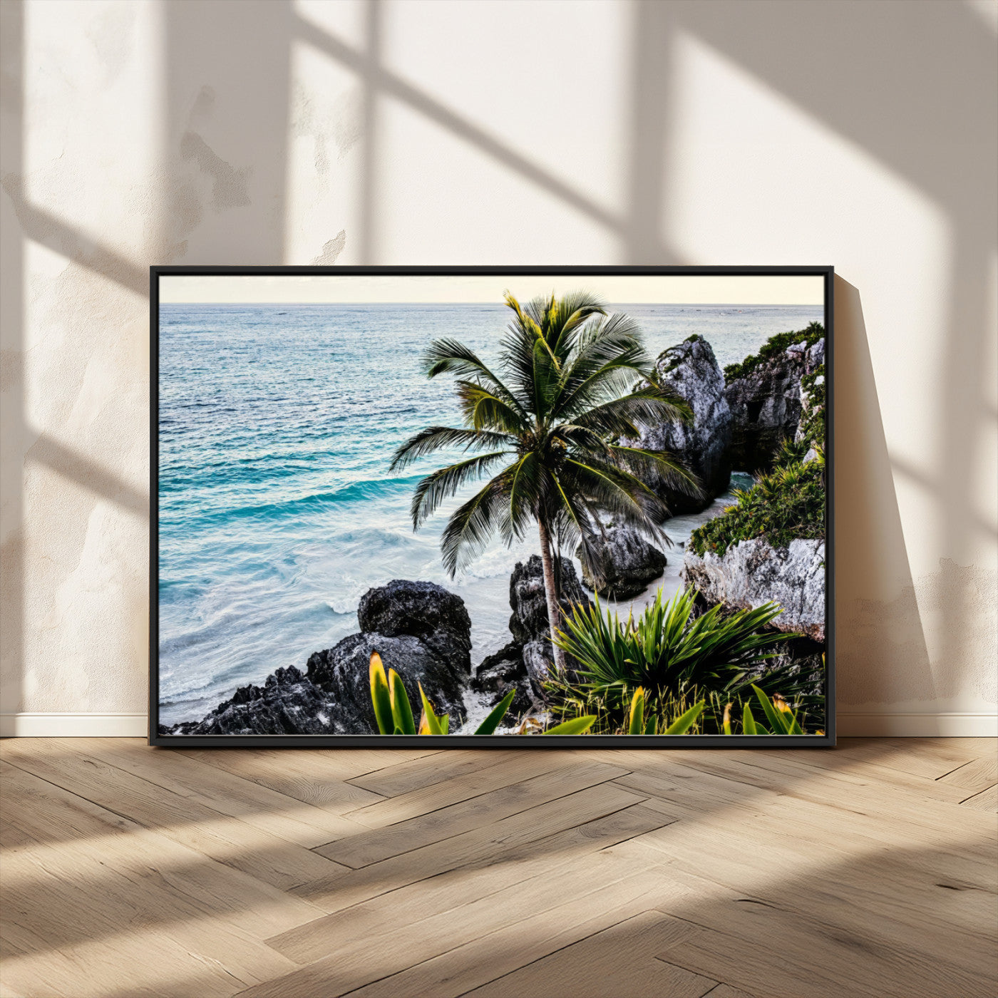94669907-MGV-FC-36X24_Black-Tropical Coastline Wall Art Canvas Print, Framed Palm Tree Art Picture Print, Rocky Beach Perfect Tropical Coastal Decor Artwork