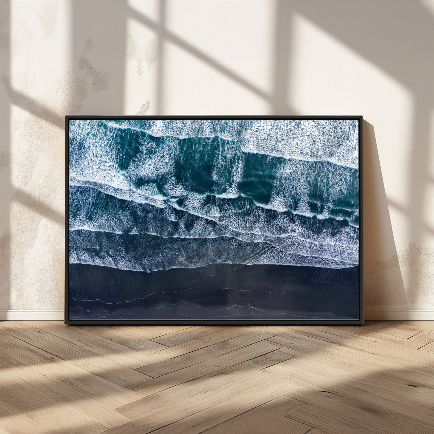 87941475-MGV-CV-36X24-Black Beach Wall Art Canvas Print, Framed Aerial Ocean Art Picture Print, Moody Coastal Perfect Modern Coastal Decor Artwork