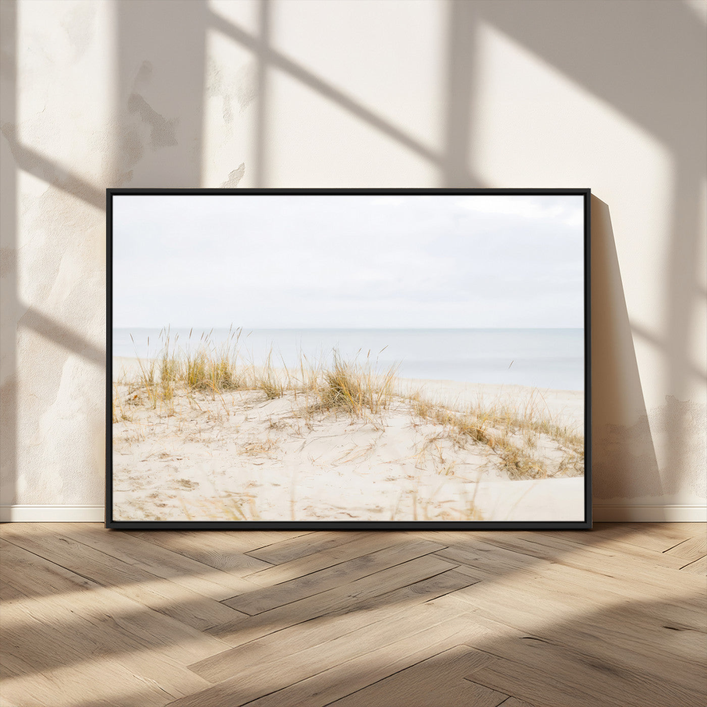13146857-MGV-CV-36X24-Beach Dunes Wall Art Canvas Print, Framed Soft Horizon Art Picture Print, Coastal Grass Perfect Minimalist Coastal Decor Artwork