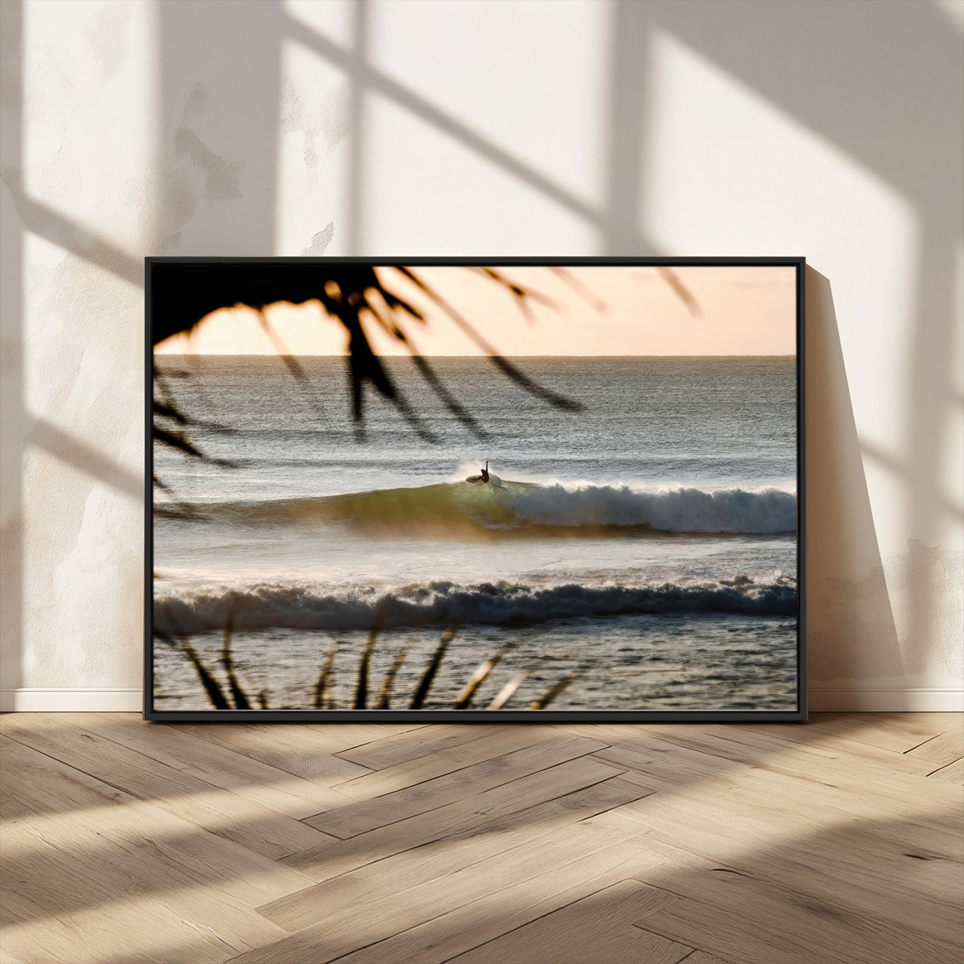 24896468-MGV-CV-36X24-Sunset Surf Wall Art Canvas Print, Framed Golden Waves Art Picture Print, Tropical Ocean Perfect Tropical Boho Decor Artwork