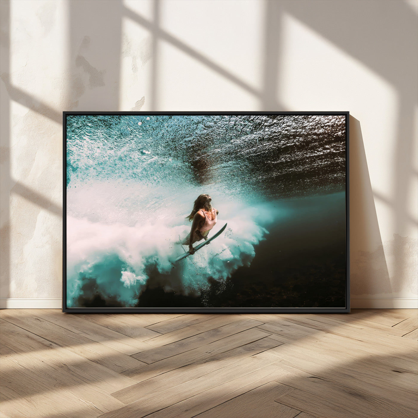 85923512-MGV-CV-36X24-Aquatic Motion Wall Art Canvas Print, Framed Underwater Swimming Art Picture Print, Female Surfer Diving Perfect Coastal Boho
