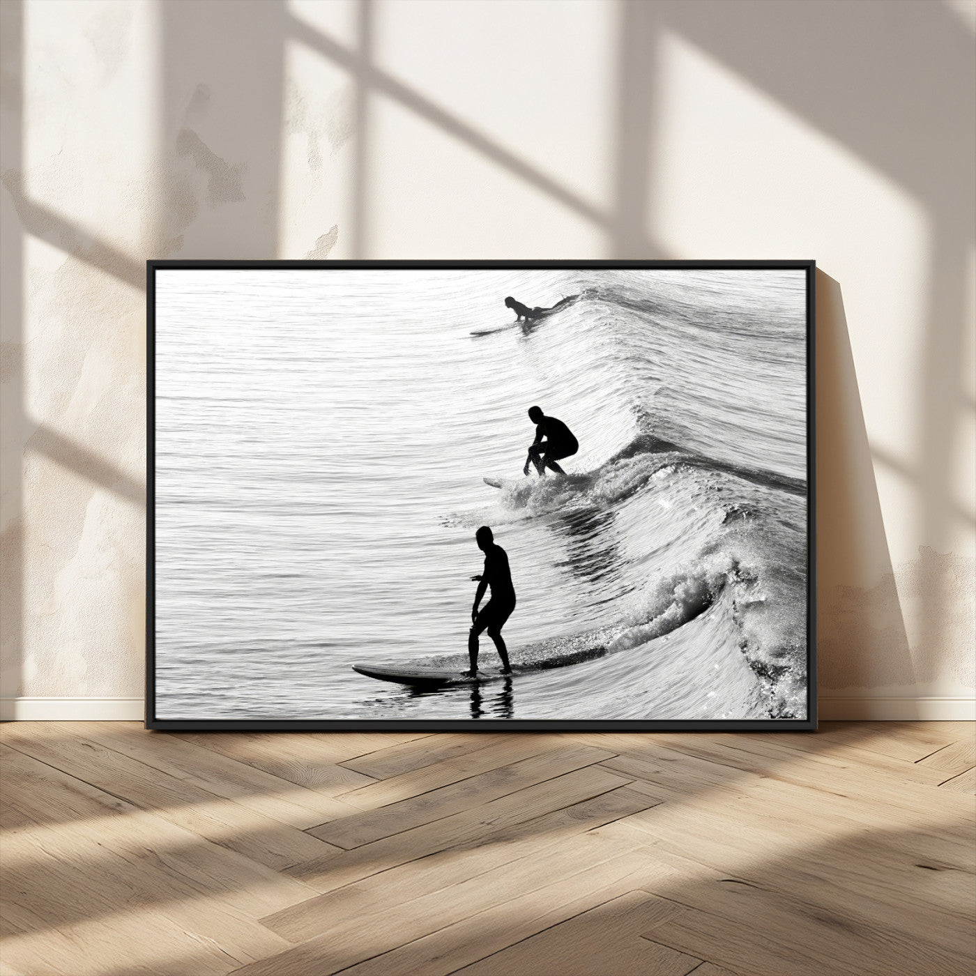 19875284-MGV-CV-36X24-Surfer Waves Wall Art Canvas Print, Framed Black White Surf Art Picture Print, Monochrome Ocean Perfect Modern Coastal Decor