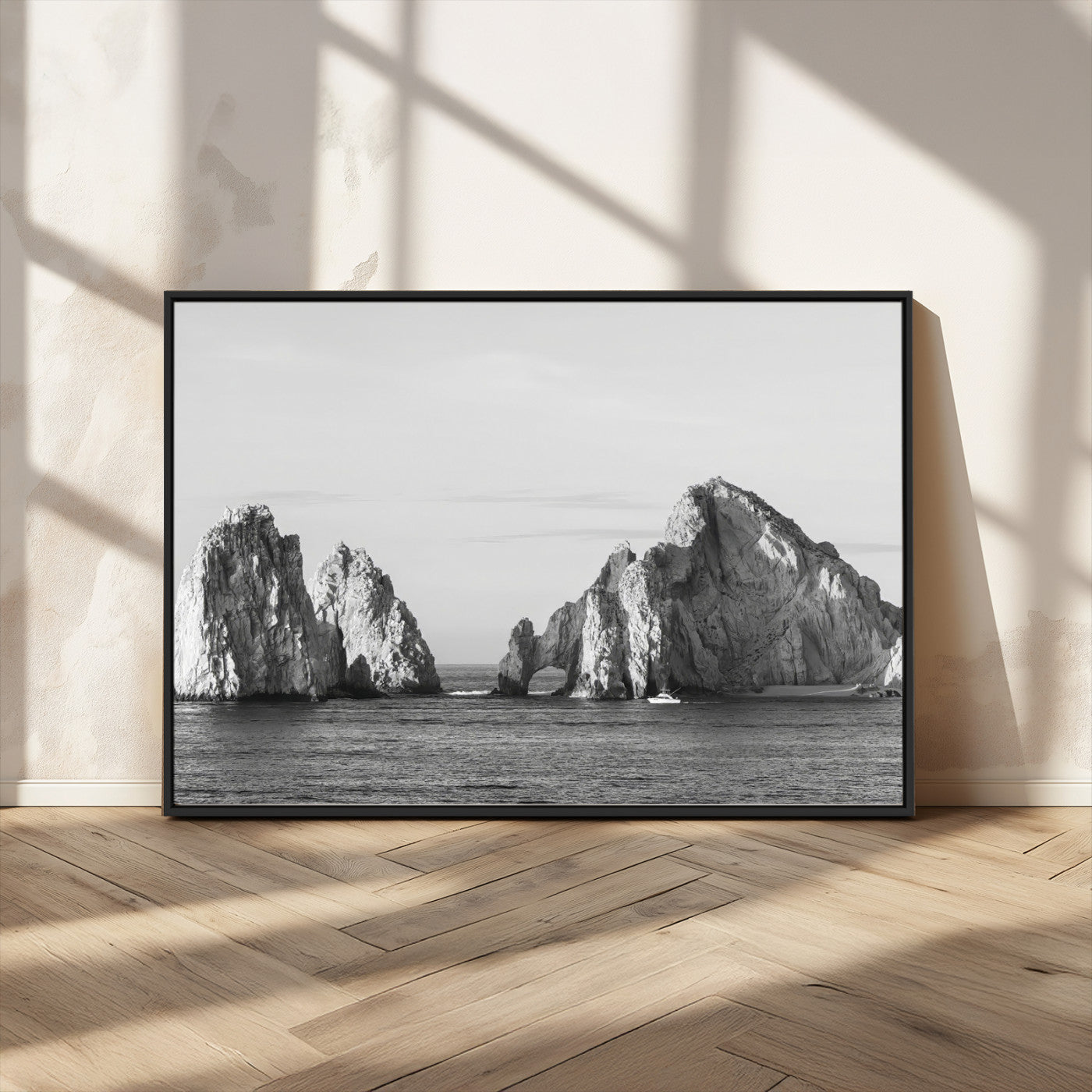 18810731-MGV-CV-36X24-Rugged Coastline Wall Art Canvas Print, Framed Ocean Cliffs Art Picture Print, Monochrome Seascape Perfect Coastal Minimalist