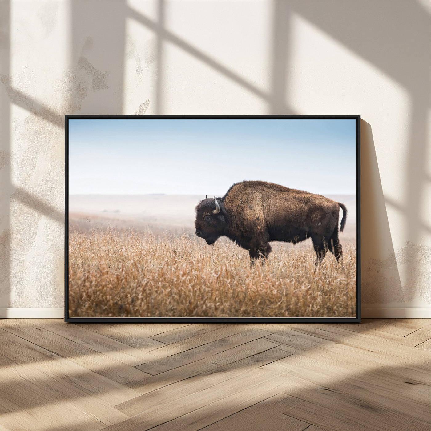 99620201-MGV-CV-36X24-Wild Bison Wall Art Canvas Print, Framed Bison in Prairie Art Picture Print, Rustic Western Perfect Rustic Western Decor Artwork