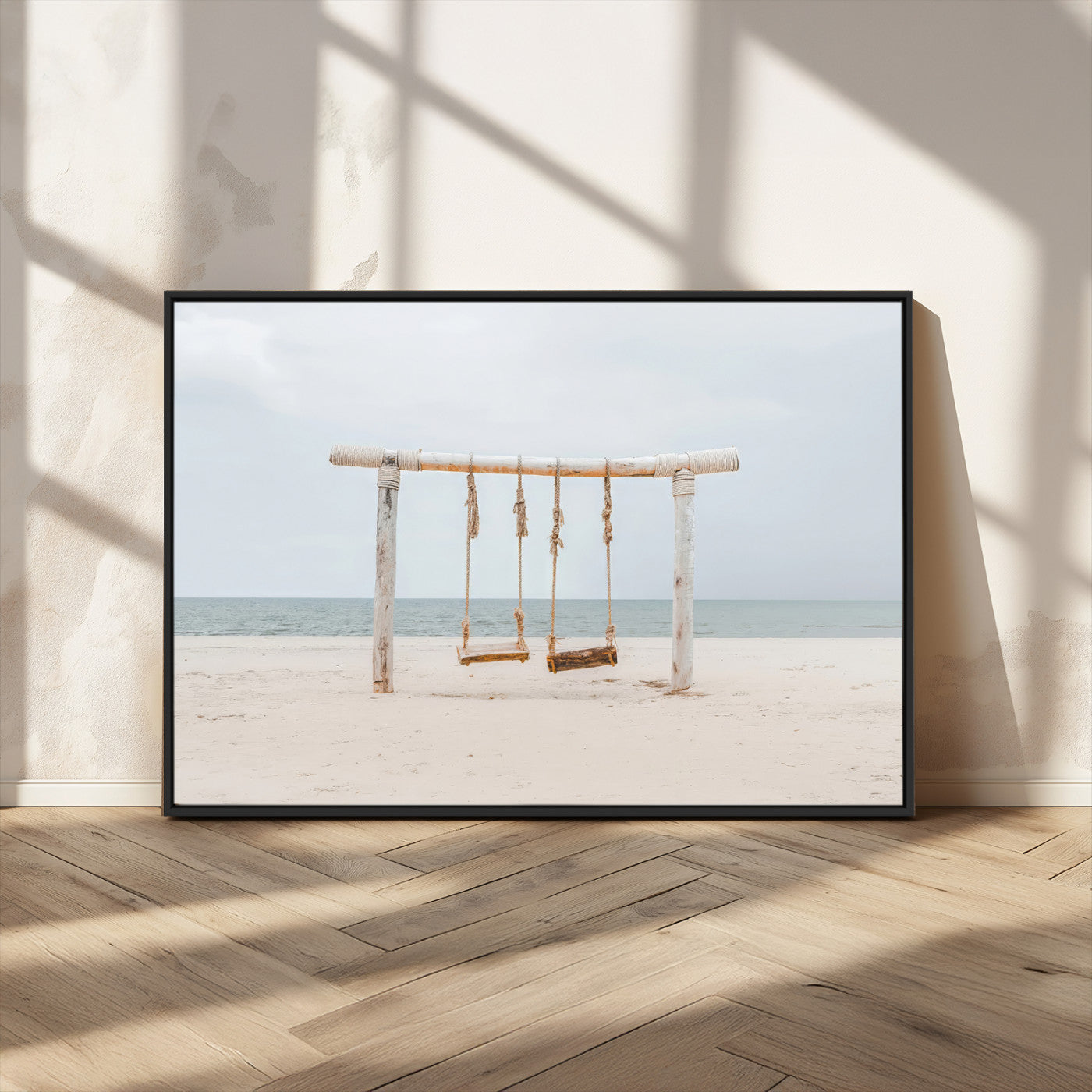68327283-MGV-CV-36X24-Beach Swing Wall Art Canvas Print, Framed Quiet Beach Art Picture Print, Calm Shoreline Perfect Bohemian Coastal Decor Artwork