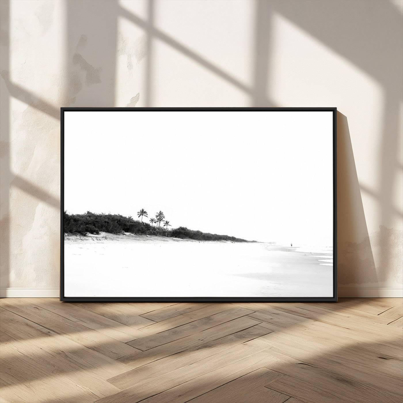 29611516-MGV-CV-36X24-Black White Beach Wall Art Canvas Print, Framed Palm Trees Art Picture Print, Monochrome Tropical Perfect Minimalist Coastal Decor