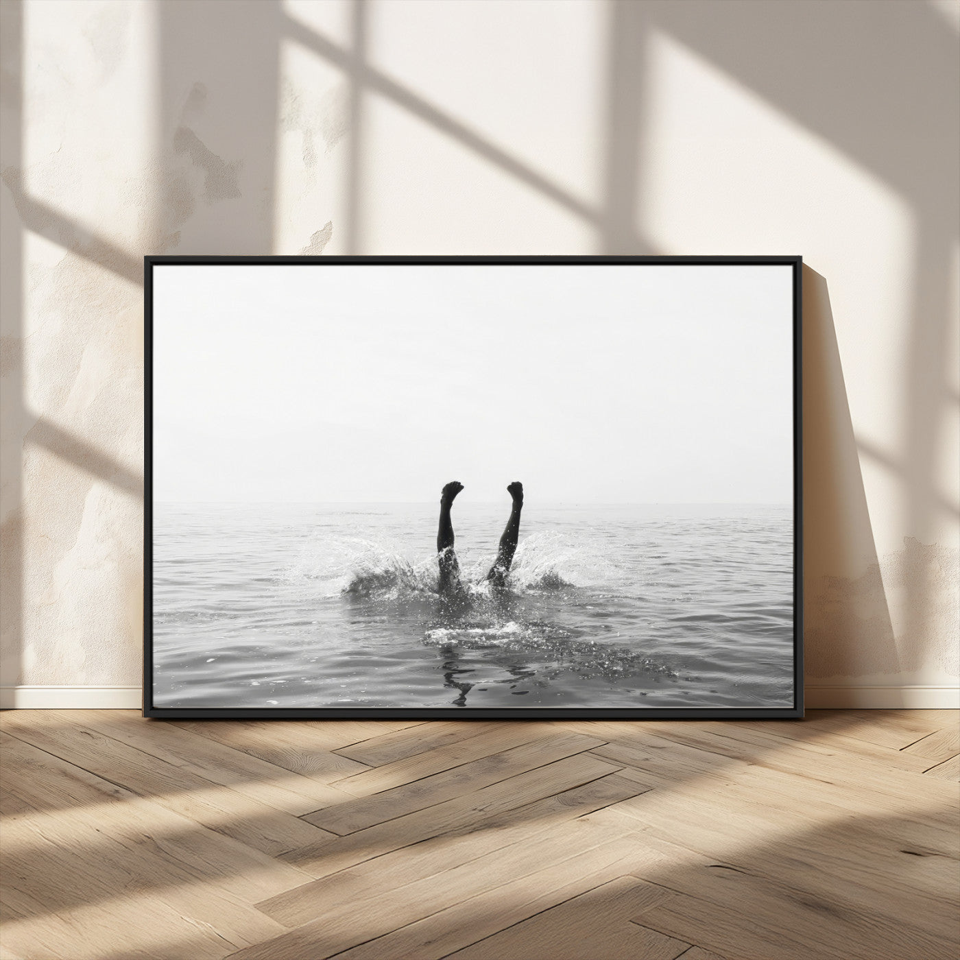 26667396-MGV-CV-36X24-Black White Ocean Wall Art Canvas Print, Framed Monochrome Water Art Picture Print, Diving into Water Perfect Minimalist Aquatic