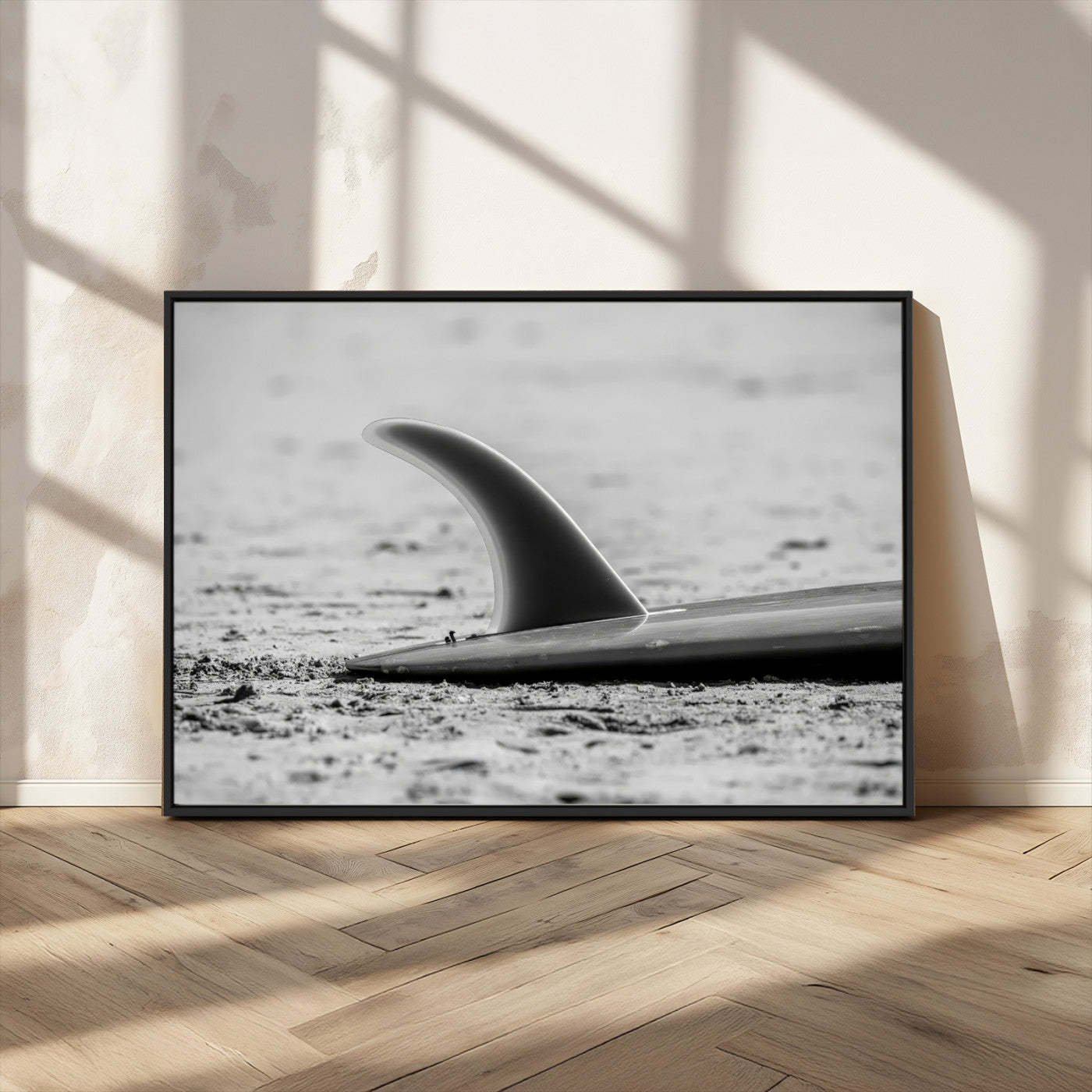 62314230-MGV-CV-36X24-Black White Surfboard Wall Art Canvas Print, Framed Minimalist Beach Art Picture Print, Surf Fin Perfect Minimalist Coastal Decor