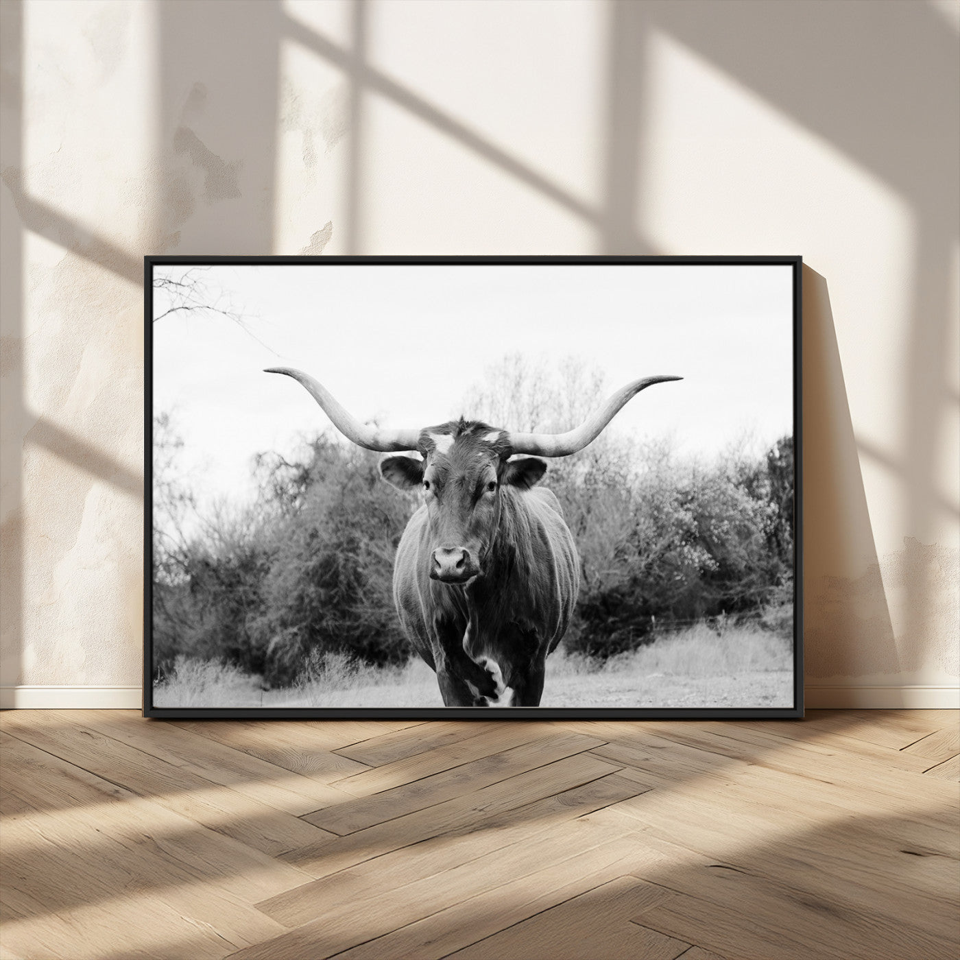 97280319-MGV-CV-36X24-Longhorn Photography Wall Art Canvas Print, Framed Western Cow Decor Art Picture Print, Texas Ranch Style Perfect Rustic Farmhouse