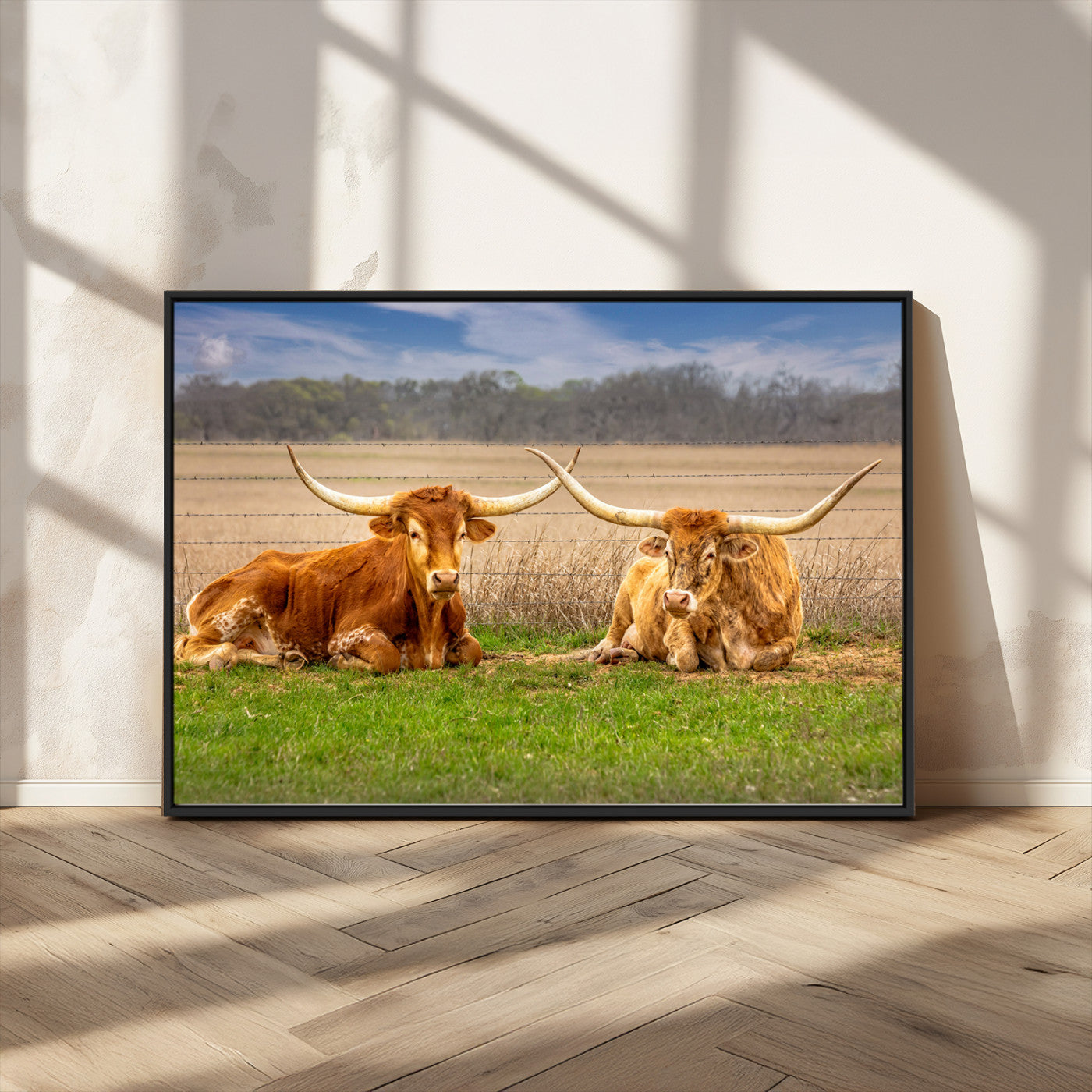 97244565-MGV-CV-36X24-Longhorn Duo Wall Art Canvas Print, Framed Cozy Ranch Vibes Art Picture Print, Western Ranch Decor Perfect Rustic Farmhouse Decor