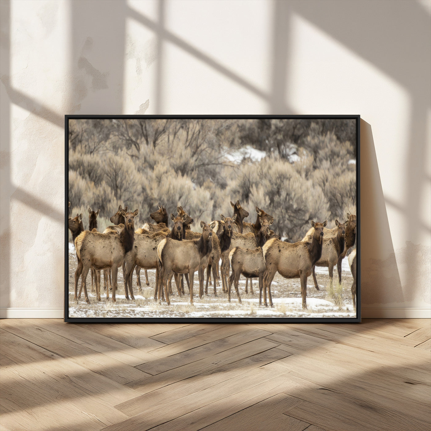 90269422-MGV-CV-36X24-Elk Herd Scene Wall Art Canvas Print, Framed Rustic Wildlife Decor Art Picture Print, Western Cabin Style Perfect Rustic Lodge