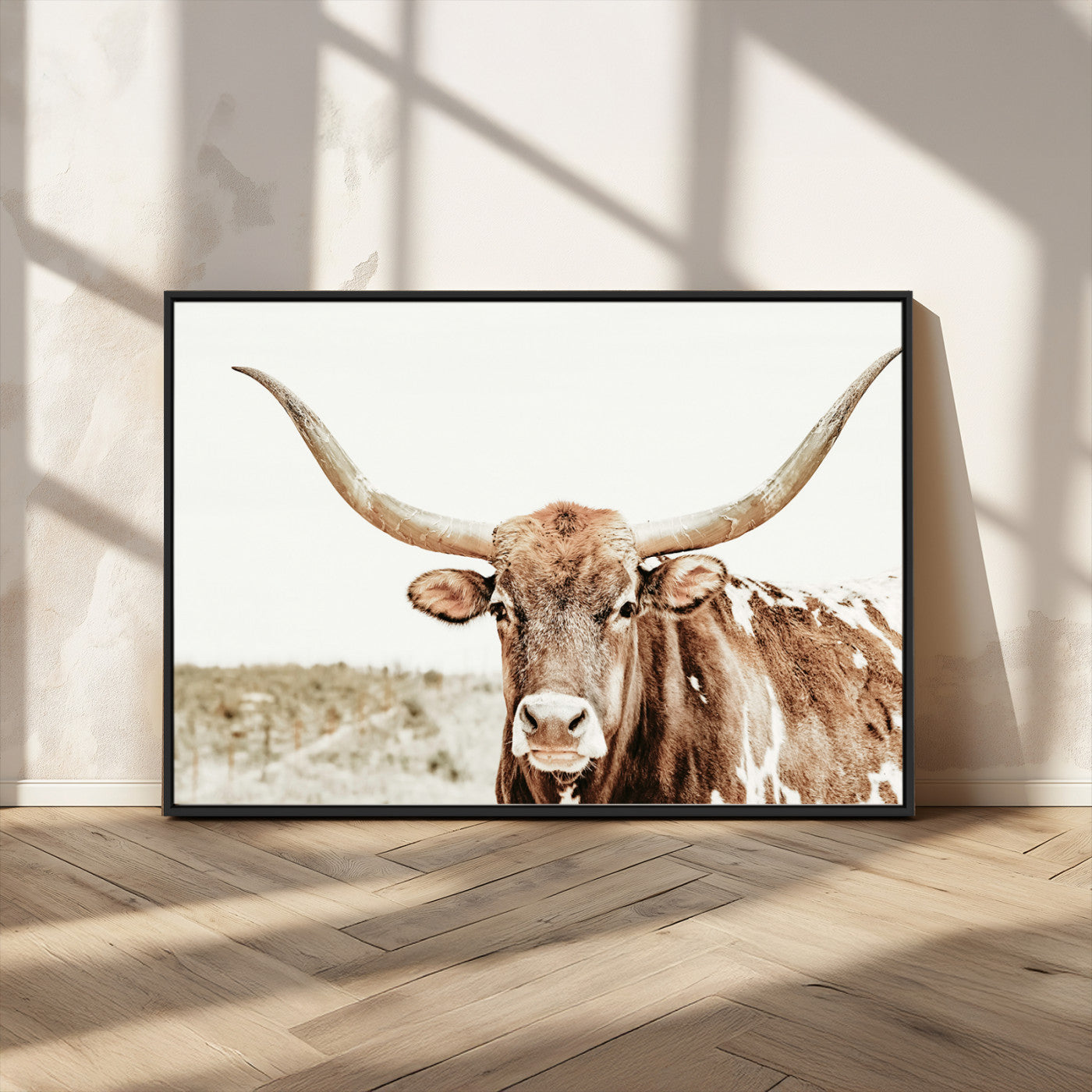 98924580-MGV-CV-36X24-Texas Longhorn Bull Wall Art Canvas Print, Framed Rustic Farmhouse Decor Art Picture Print, Western Animal Theme Perfect Rustic