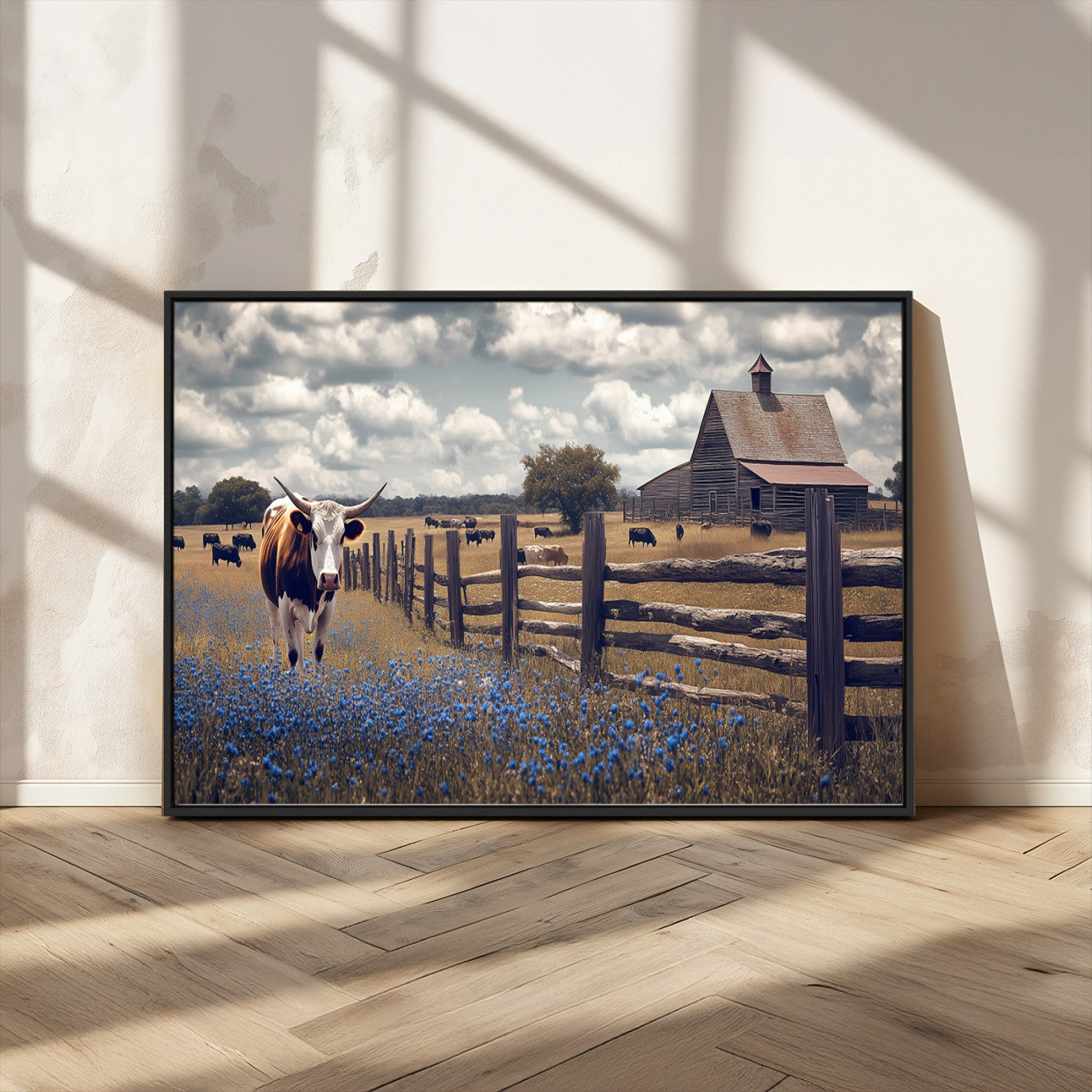 22296025-MGV-FC-36X24_Black-Texas Longhorn Canvas Wall Art Canvas Print, Framed Rustic Barn Wall Art Art Picture Print, Farmhouse Cow Decor Perfect Rustic