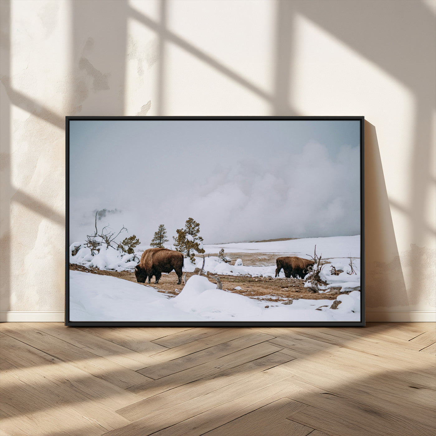 60308289-MGV-CV-36X24-Bison Wildlife Wall Art Canvas Print, Framed Snowy Prairie Art Picture Print, Western Landscape Perfect Rustic Winter Decor