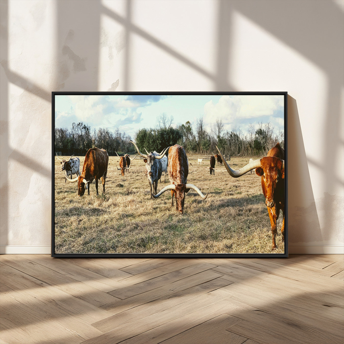 39144651-MGV-CV-36X24-Texas Longhorns Wall Art Canvas Print, Framed Rustic Farm Scene Art Picture Print, Western Cattle Perfect Rustic Farmhouse Decor