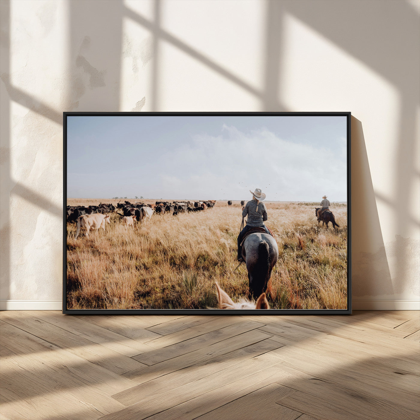 22431577-MGV-CV-36X24-Western Wall Art Wall Art Canvas Print, Framed Cowboy Canvas Art Picture Print, Cattle Drive Scene Perfect Rustic Western Decor
