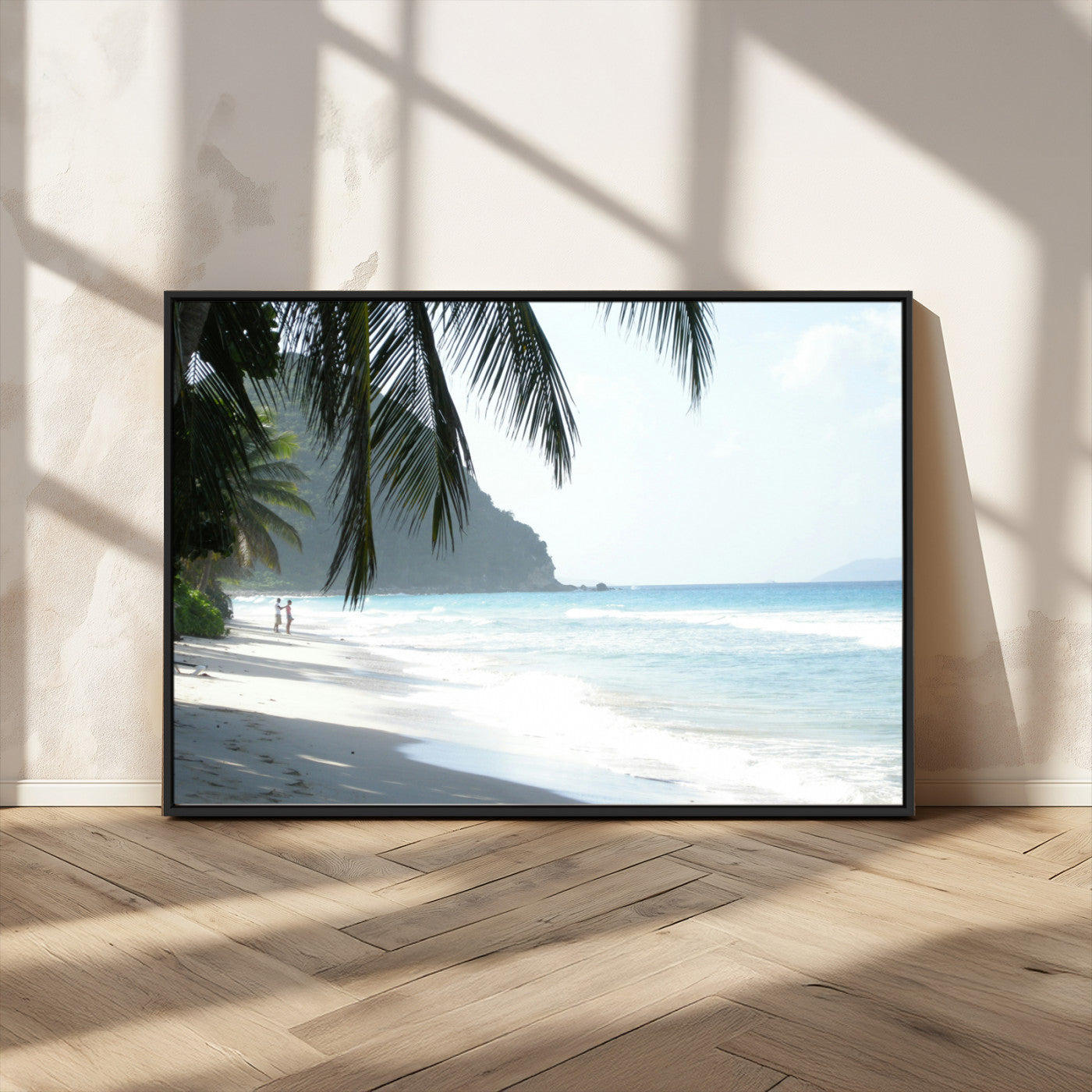 18311030-MGV-FC-36X24_Black-Tropical Beach Wall Art Canvas Print, Framed Serene Ocean Art Picture Print, Palm Tree Shadows Perfect Tropical Coastal Decor