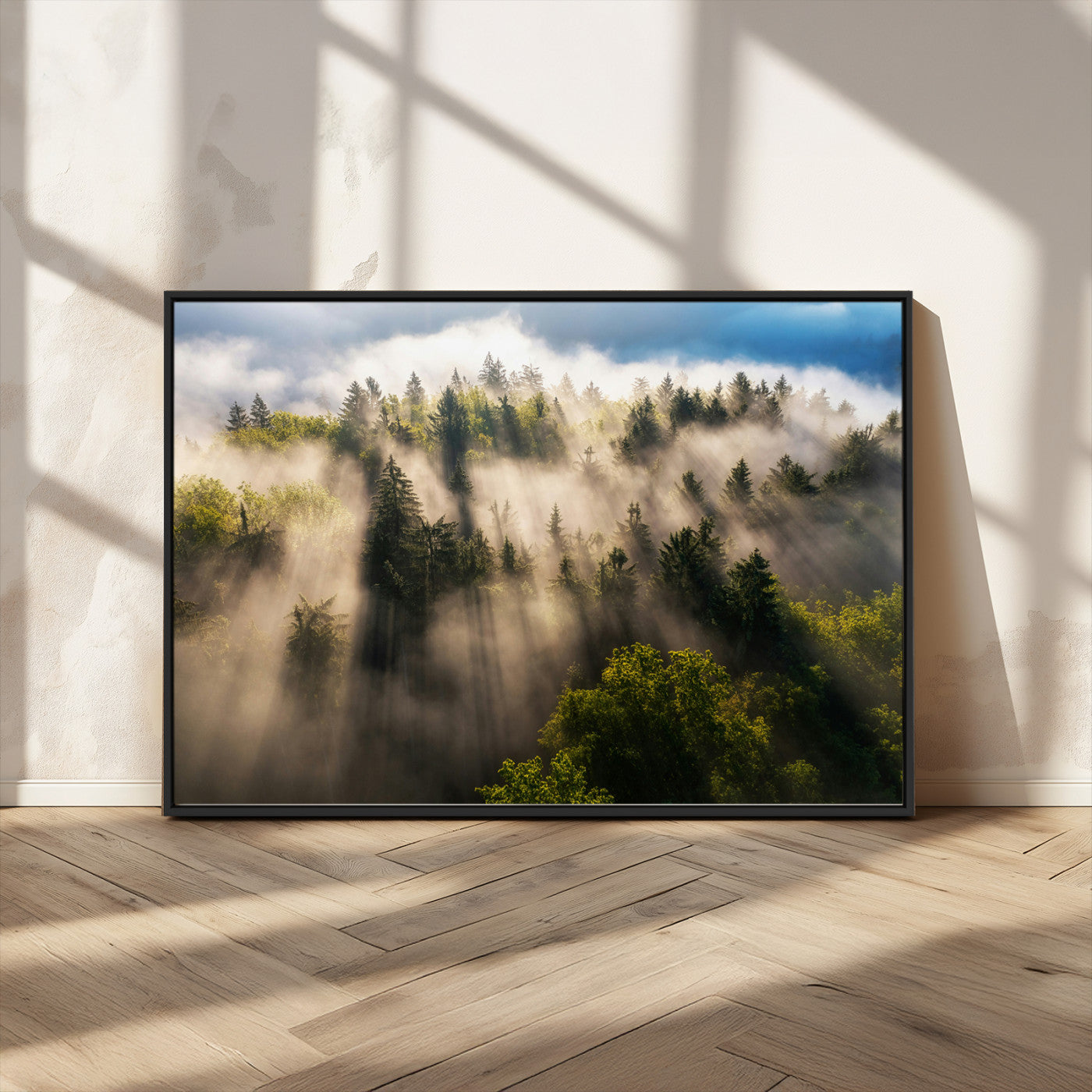 14785710-MGV-CV-36X24-Tranquil Forest Scene Wall Art Canvas Print, Framed Sunbeam Through Trees Art Picture Print, Moody Green Wall Art Perfect