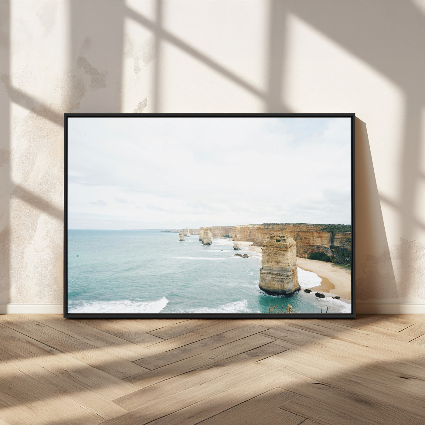 70095633-MGV-FC-36X24_Black-Twelve Apostles Wall Art Canvas Print, Framed Coastal Cliffs Art Picture Print, Rugged Rock Formations Perfect Minimalist Coastal