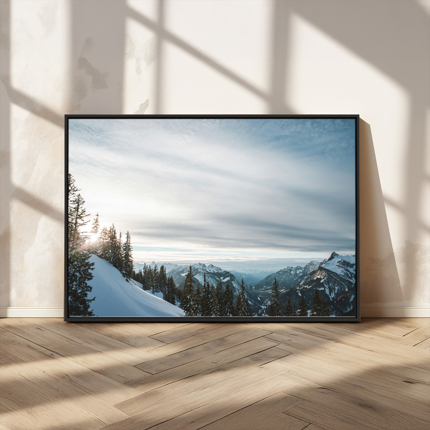 55564749-MGV-FC-36X24_Black-Snowy Mountains Wall Art Canvas Print, Framed Alpine Landscape Art Picture Print, Frosty Peaks Perfect Nordic Minimalist Decor