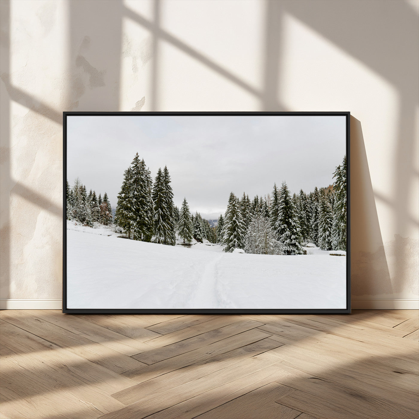 24581417-MGV-CV-36X24-Frosty Pines Wall Art Canvas Print, Framed Silent Snowfall Art Picture Print, Cozy Cabin Vibes Perfect Nordic Minimalist Decor