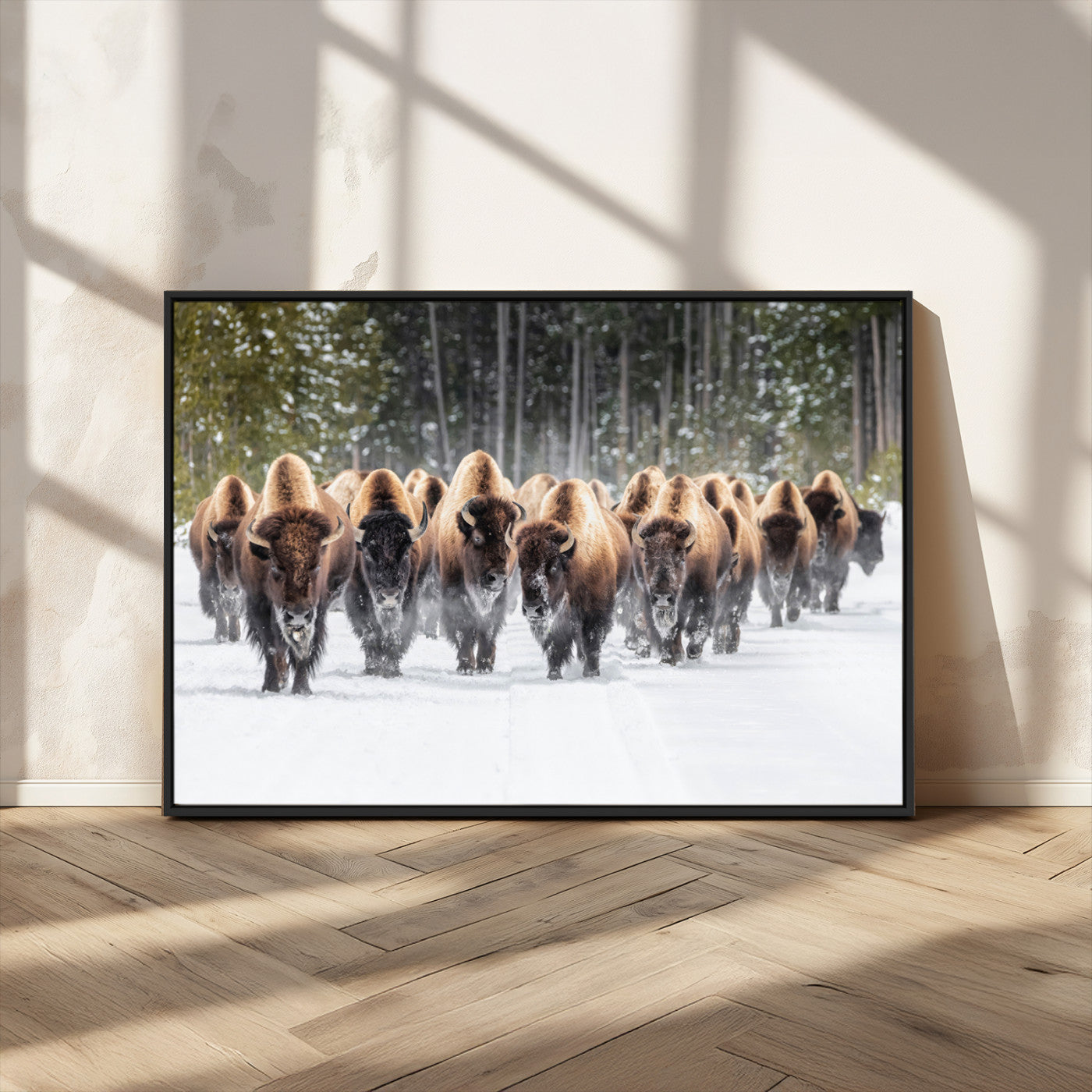96906195-MGV-CV-36X24-Bison Herd Wall Art – American Buffalo Wildlife Photography Canvas Print, Winter Snow Scene Western Nature Decor for Living Room,