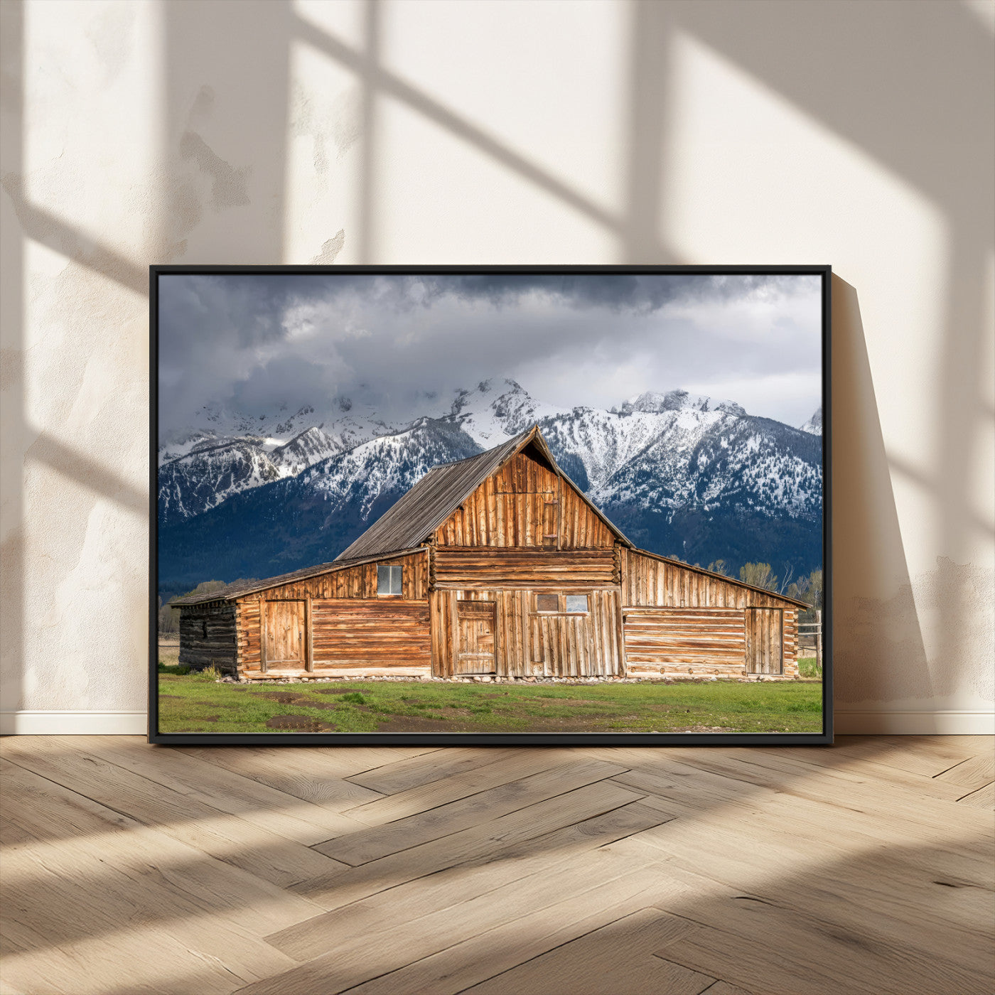 15173627-MGV-CV-36X24-Barn Wall Art – Rustic Wooden Cabin Canvas Print with Snowy Mountain Landscape, Western Farmhouse Country Decor for Living Room,