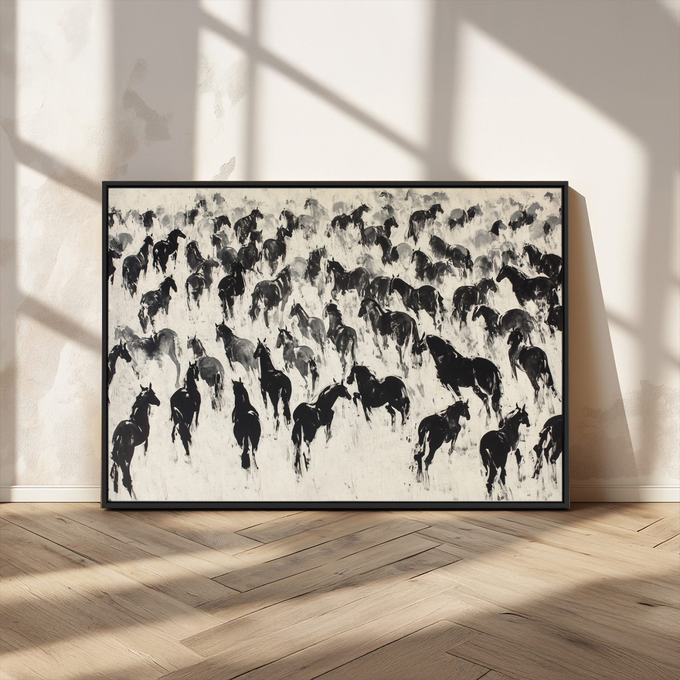 29265745-MGV-CV-36X24-Wild Horse Herd Wall Art – Black and White Galloping Horses Canvas Print, Rustic Western Farmhouse Décor for Living Room, Bedroom,