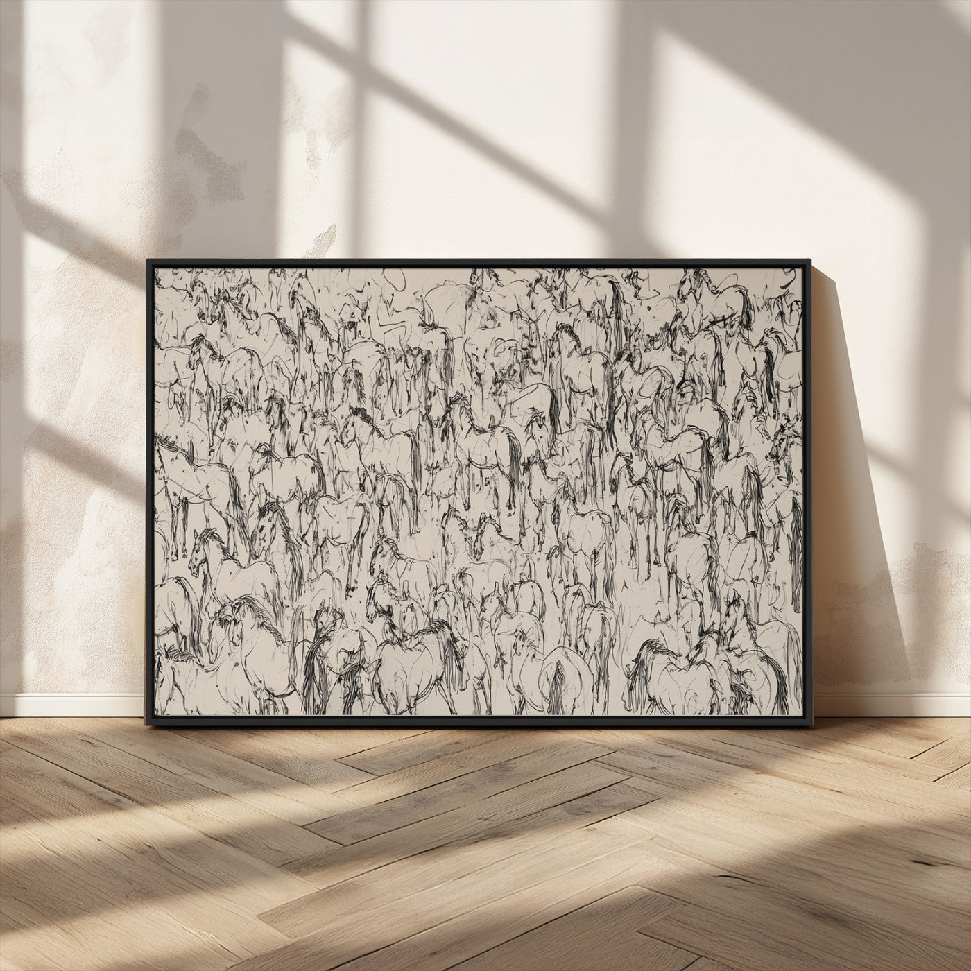 12358908-MGV-CV-36X24-Horse Herd Sketch Wall Art – Abstract Wild Horses Line Drawing Canvas Print, Rustic Western Style Equestrian Decor for Living