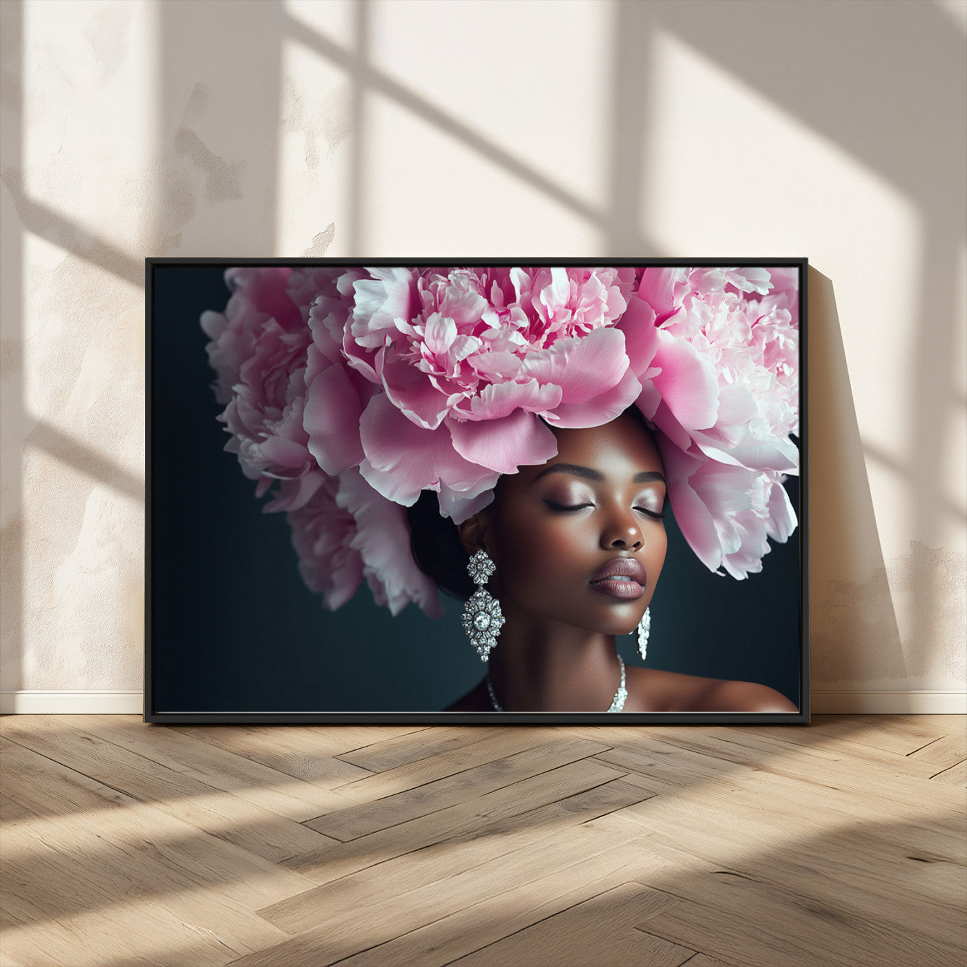 35482880-MGV-FC-36X24_Black-Floral Portrait Wall Art – Elegant Woman with Pink Peony Headpiece Canvas Print, Luxury Fashion Inspired Artwork, Modern Glam
