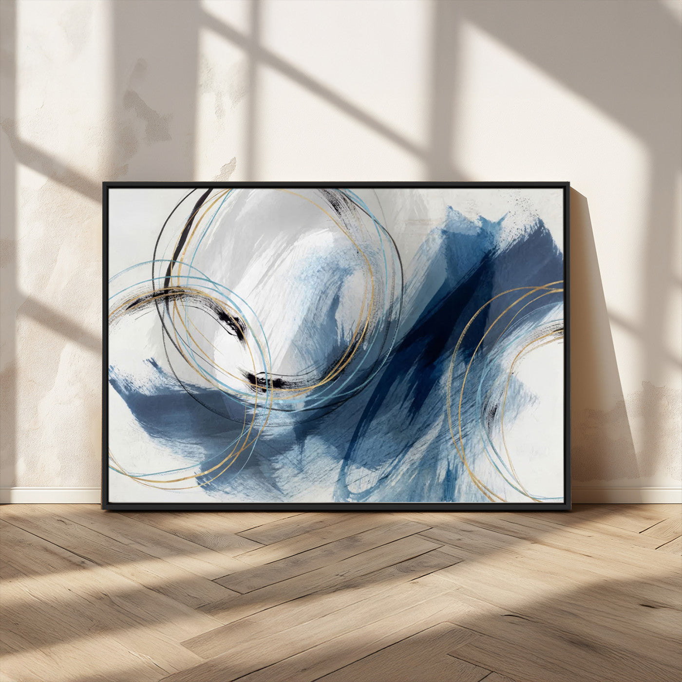 49589477-MGV-FC-36X24_Black-Blue Abstract Wall Art – Modern Circle Canvas Print with Gold and Black Accents, Contemporary Fluid Brushstroke Painting for