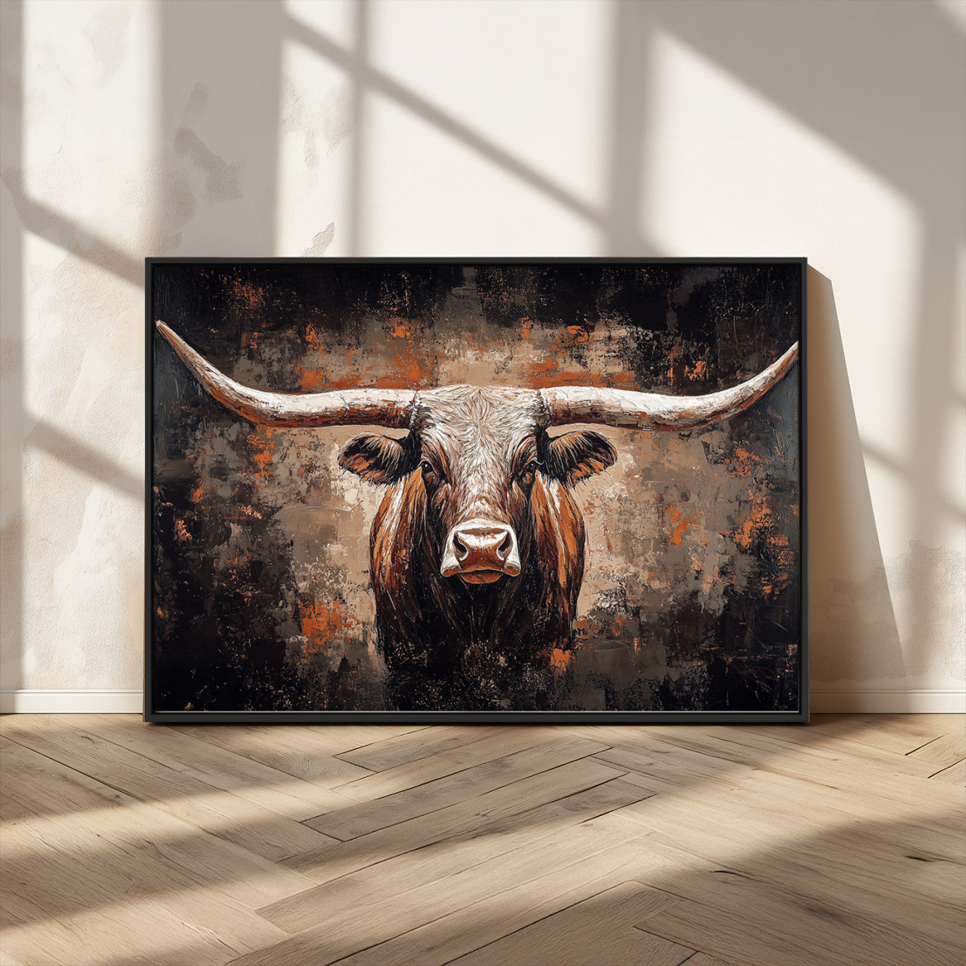 24779067-MGV-CV-36X24-Longhorn Bull Wall Art – Western Rustic Canvas Print, Bold Cowboy Cattle Painting for Ranch House, Farmhouse, Office, or Living