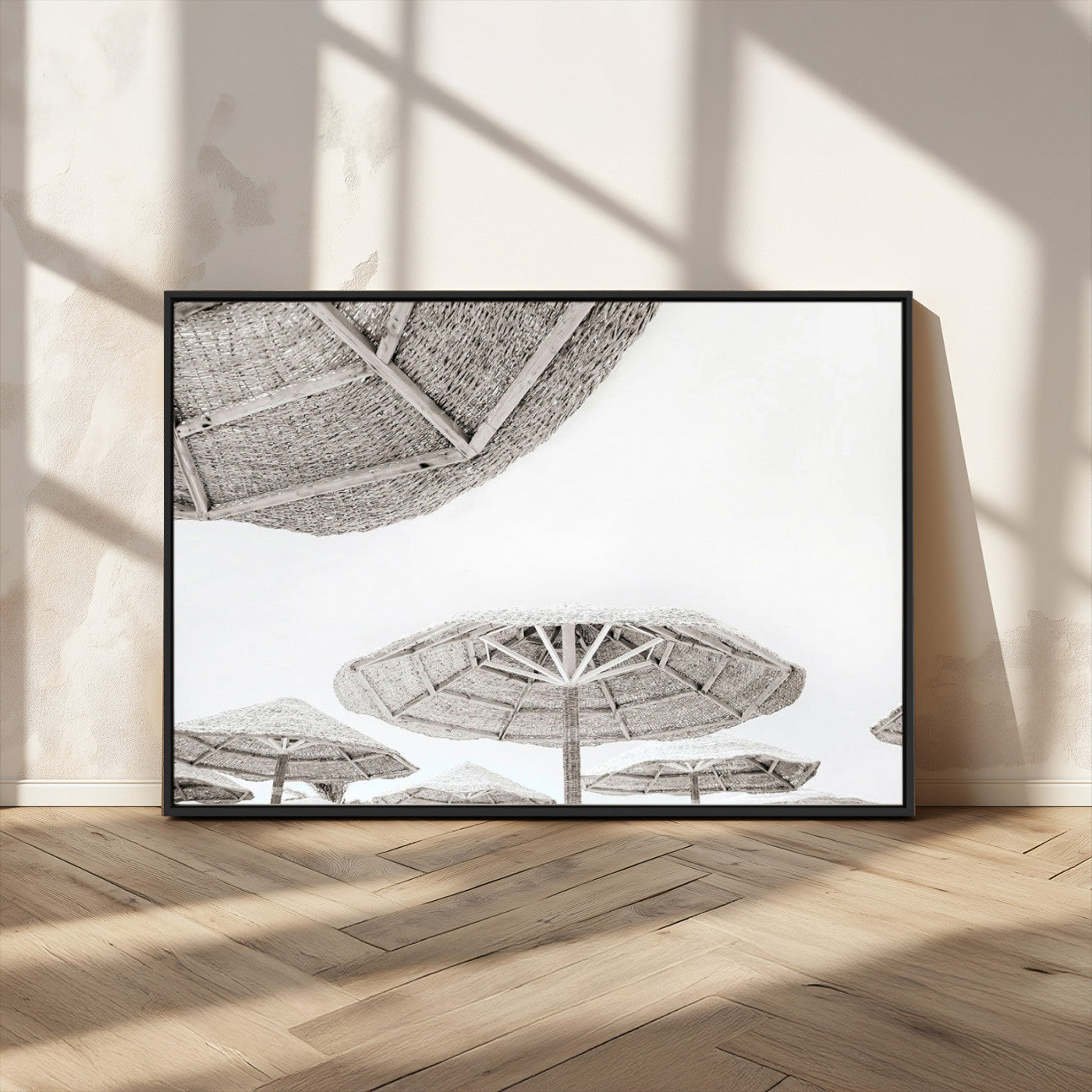 97043123-MGV-FC-36X24_Black-Beach Umbrella Wall Art – Minimalist Coastal Canvas Print, Woven Parasol Summer Decor for Bedroom, Living Room, or Modern Beach