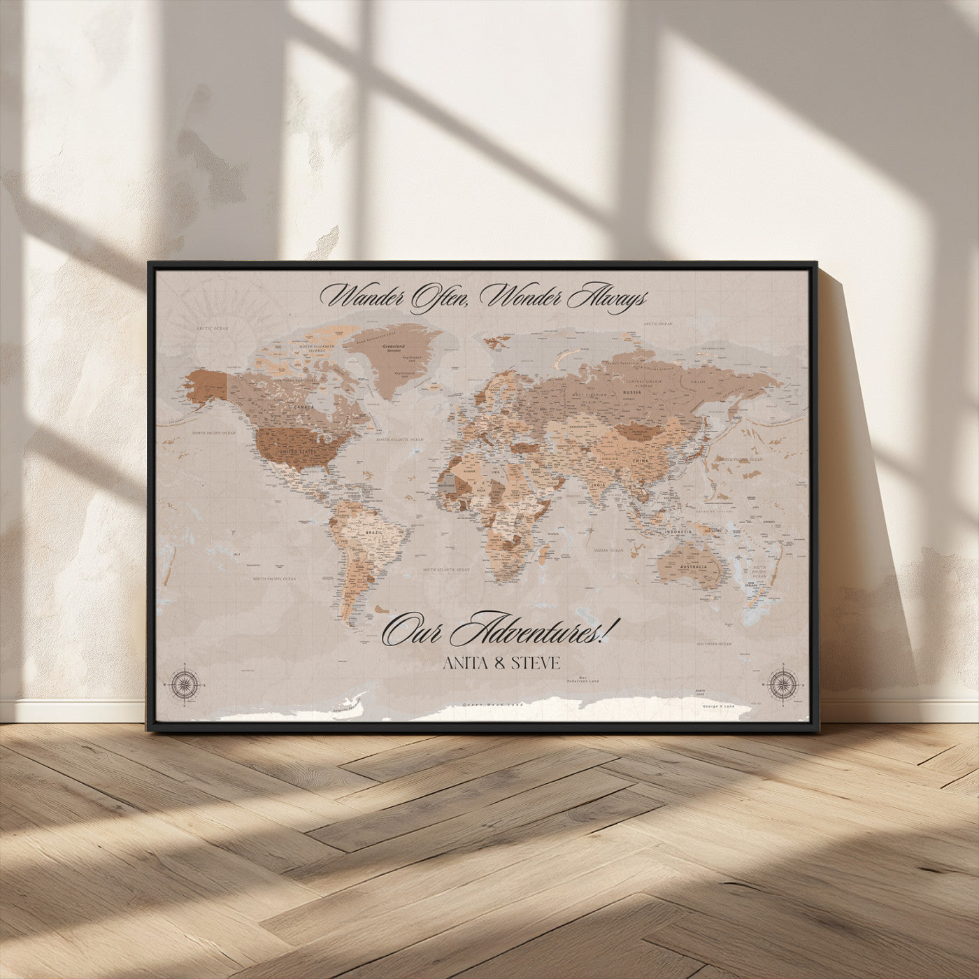 95243244-MGV-CV-36X24-Wander Often Wonder Always World Map Wall Art – Neutral Beige Adventure Canvas Print, Rustic Boho Travel Decor for Bedroom, Living